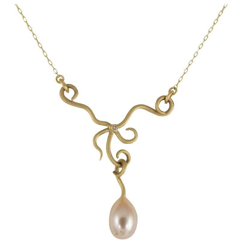 Margery Hirschey 18 Karat Gold Lavalier with Diamond and Pearl Drop For Sale