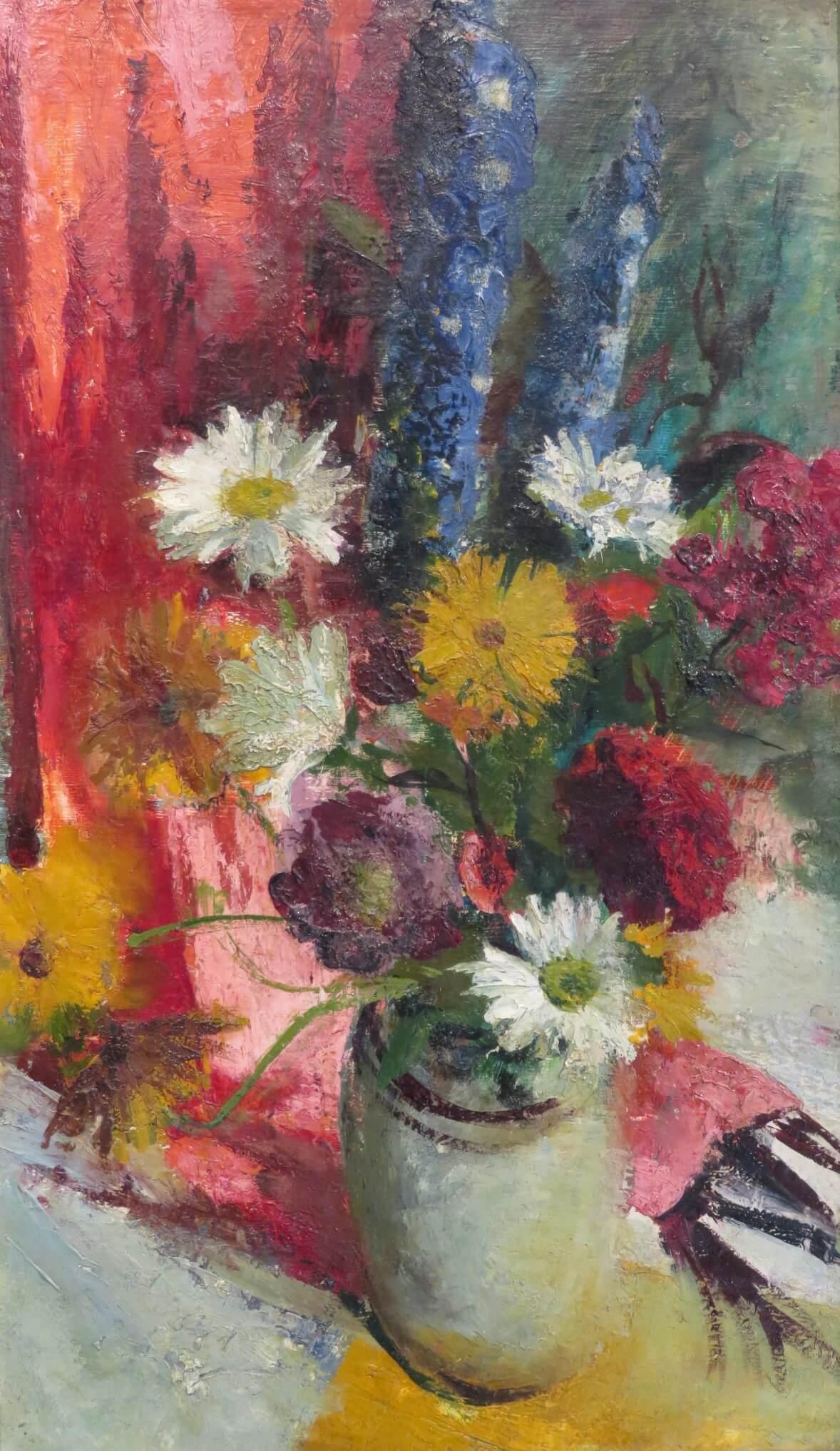 Mid Century Scottish post impressionist oil painting STILL LIFE OF FLOWERS - Brown Still-Life Painting by Margery Noel Slaney 