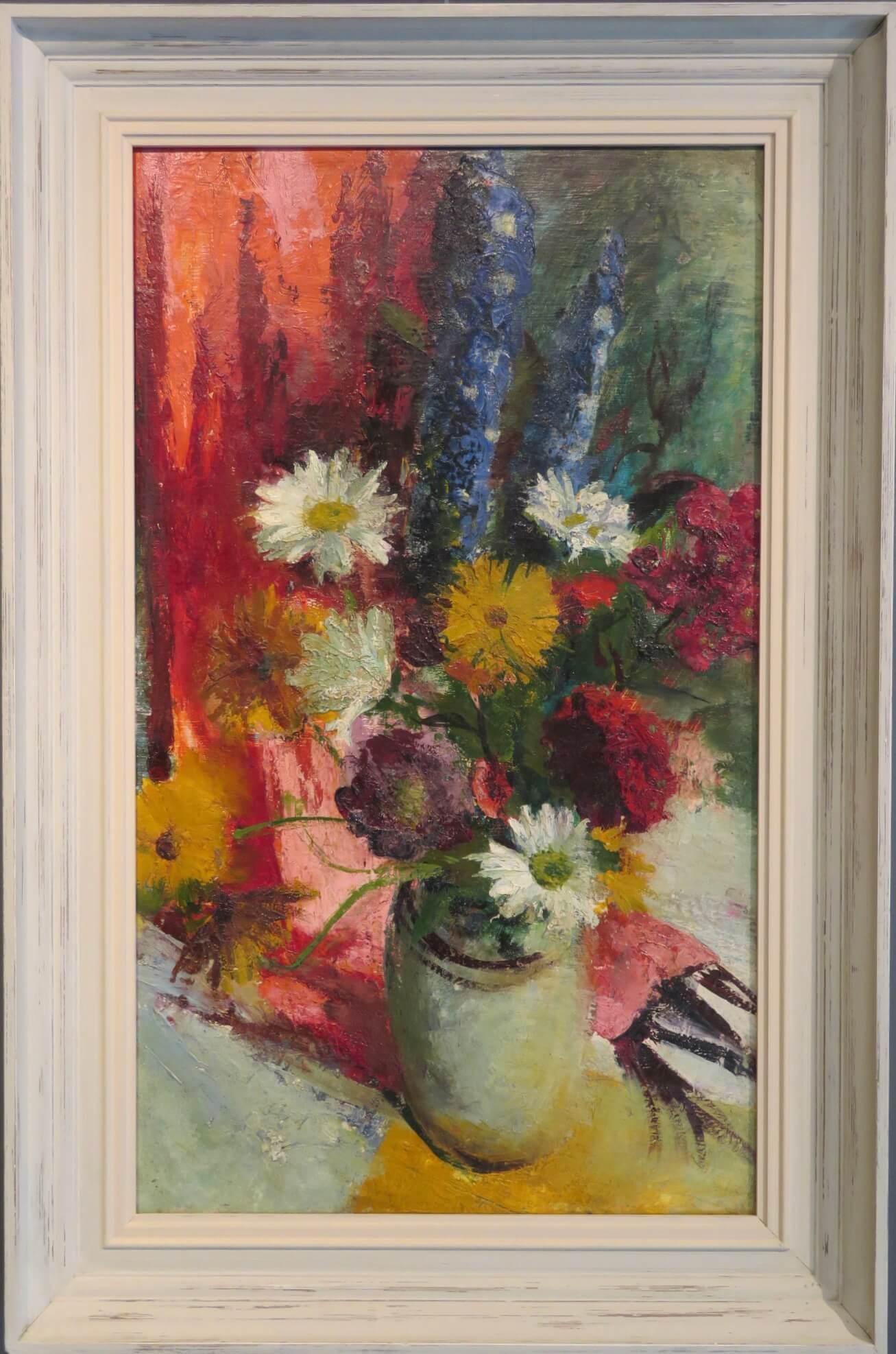 Quadro ad olio post impressionista scozzese di metà secolo STILL LIFE OF FLOWERS