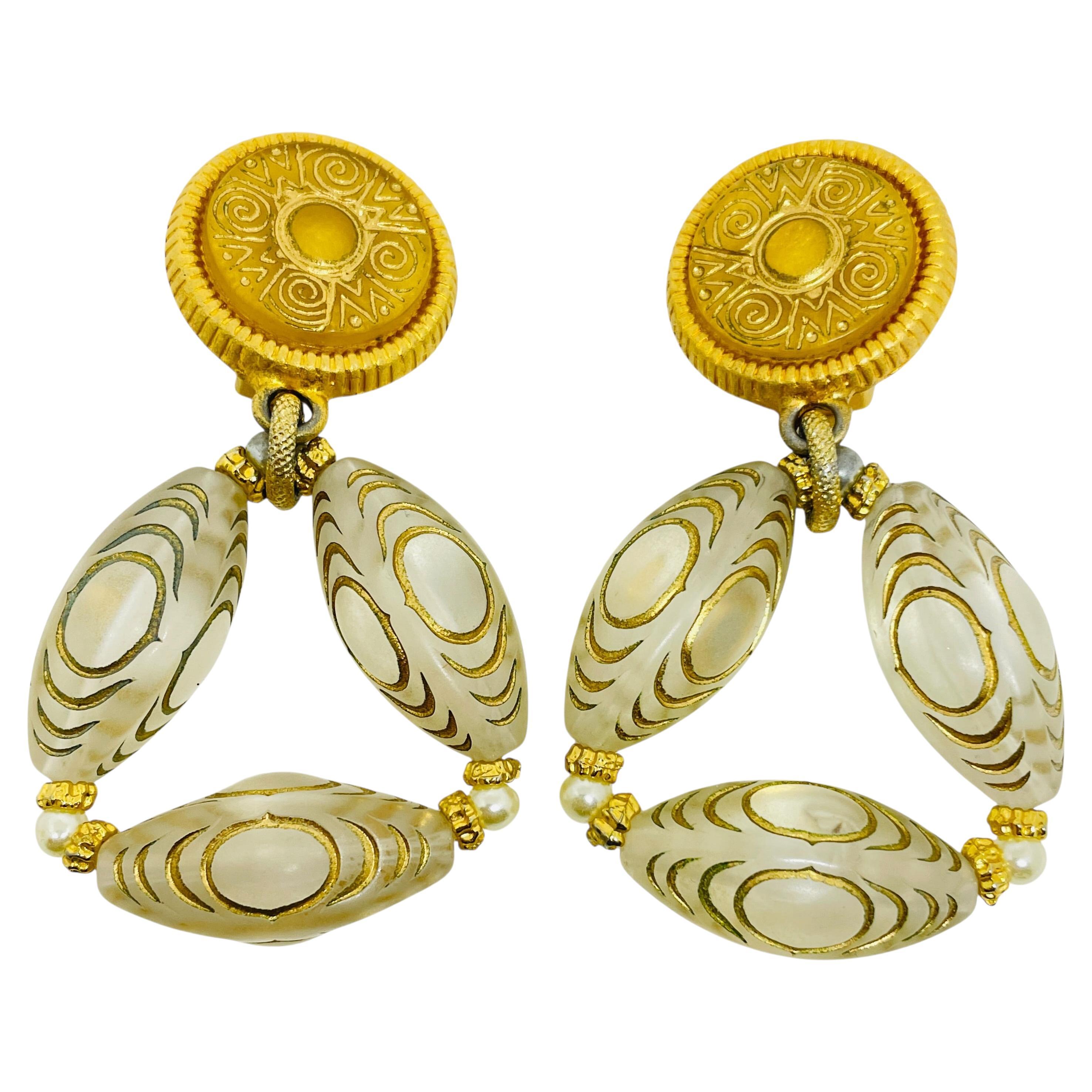 MARGHERITA BUONANNO signed vintage gold tone glass dangle designer clip earrings