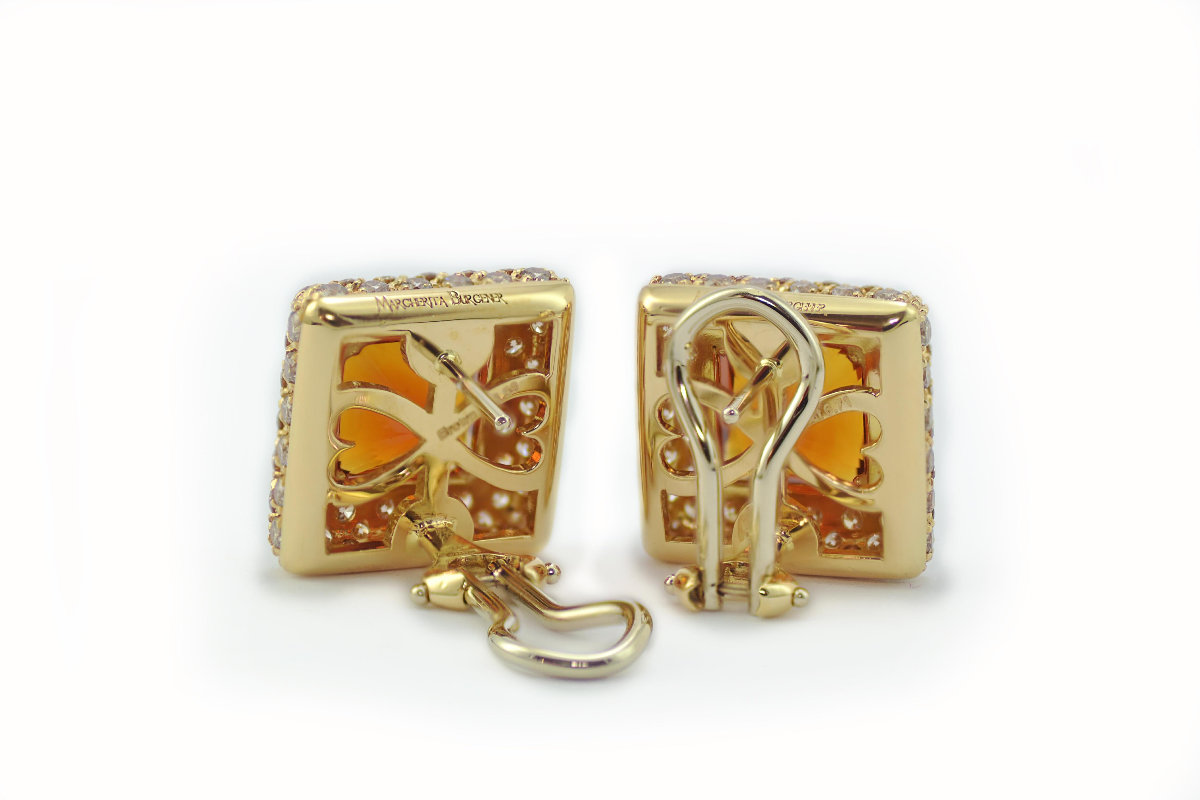 Contemporary Madeira Citrine Quartz Brown Diamond Yellow 18KT Gold Made in Italy Earrings