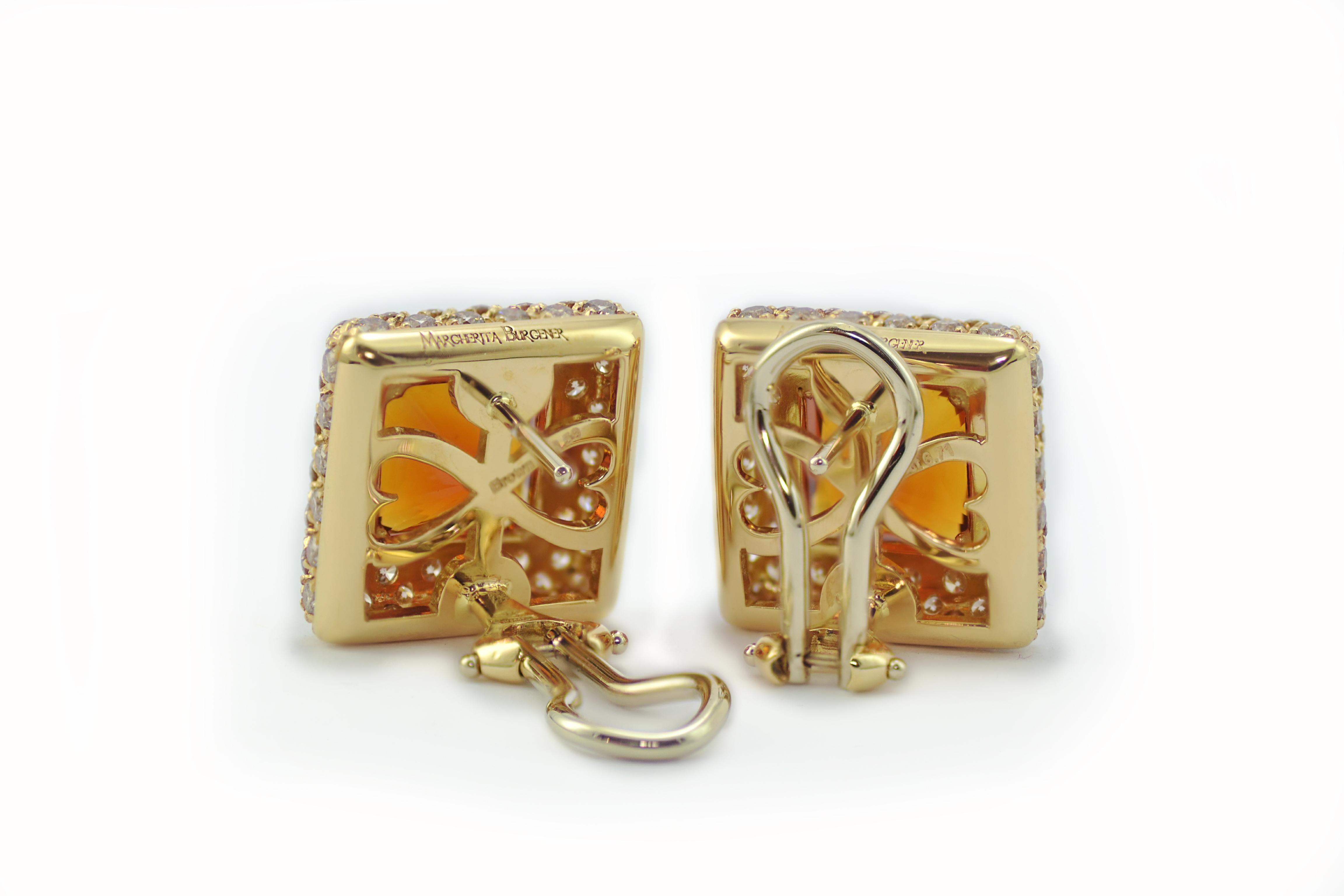 Contemporary Madeira Citrine Quartz Brown Diamond Yellow 18KT Gold Made in Italy Earrings For Sale