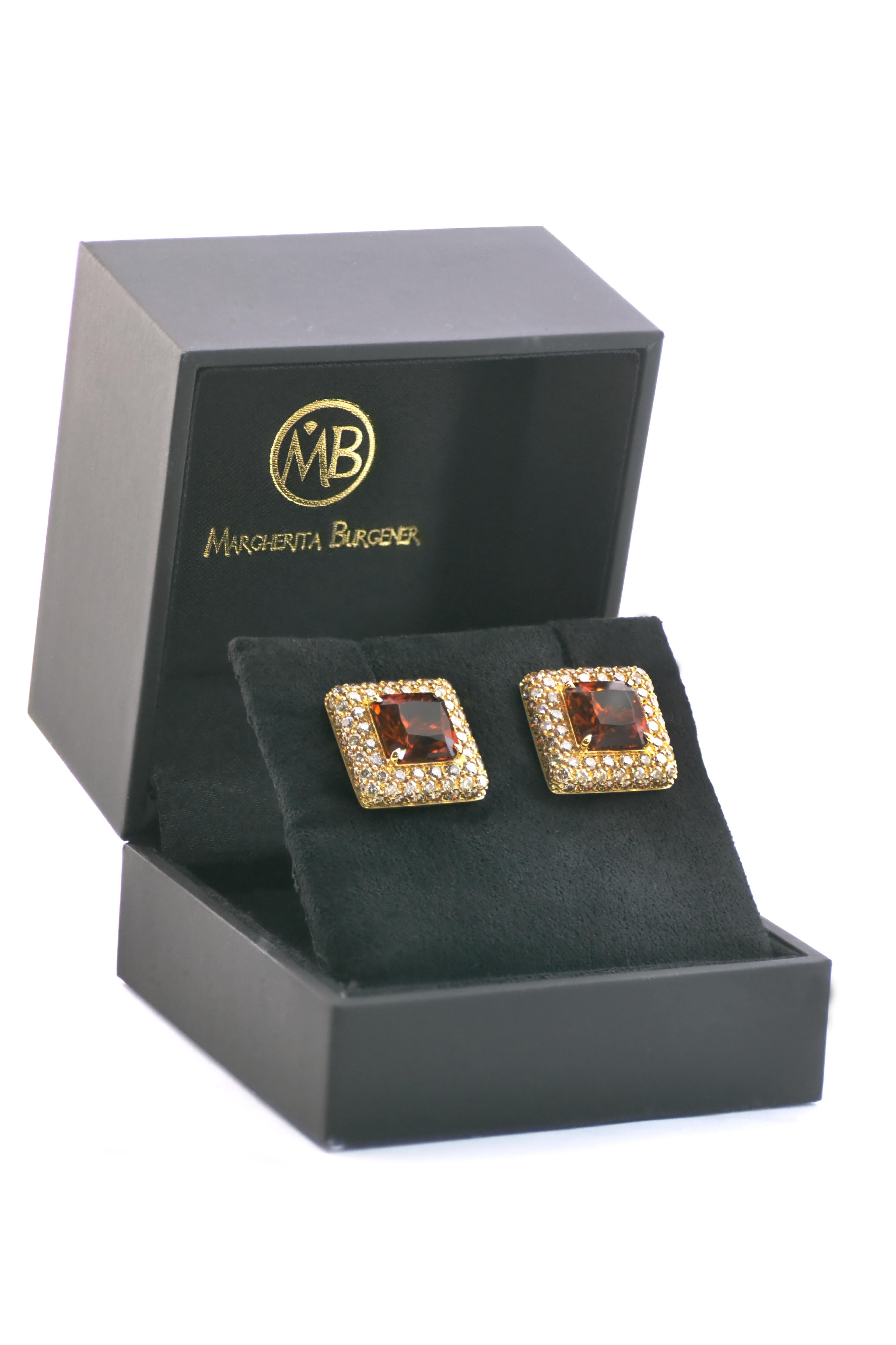 Women's Madeira Citrine Quartz Brown Diamond Yellow 18KT Gold Made in Italy Earrings For Sale