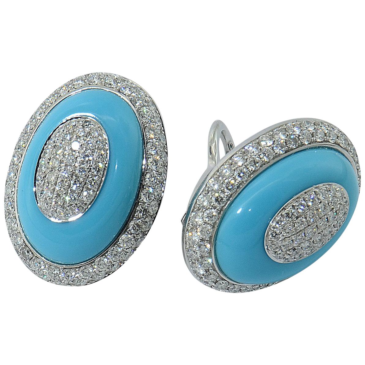 Turquoise Diamant Or blanc 18 carats  Boucles d'oreilles