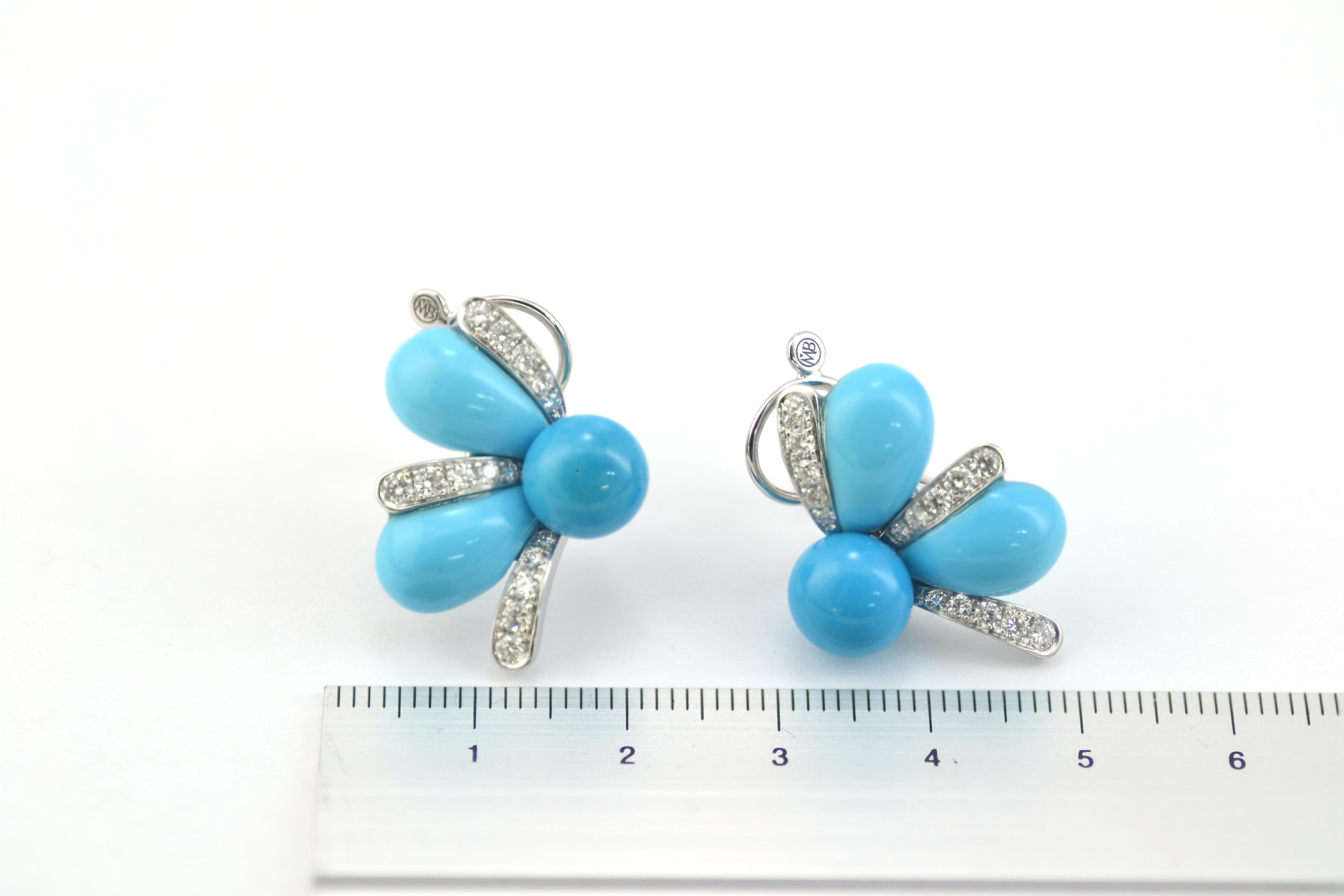 Natural Turquoise Diamond  18 Karat White Gold Earrings In New Condition In Valenza , IT