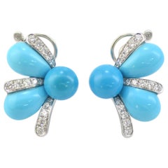 Turquoise naturelle et diamants  Boucles d'oreilles or blanc 18 carats