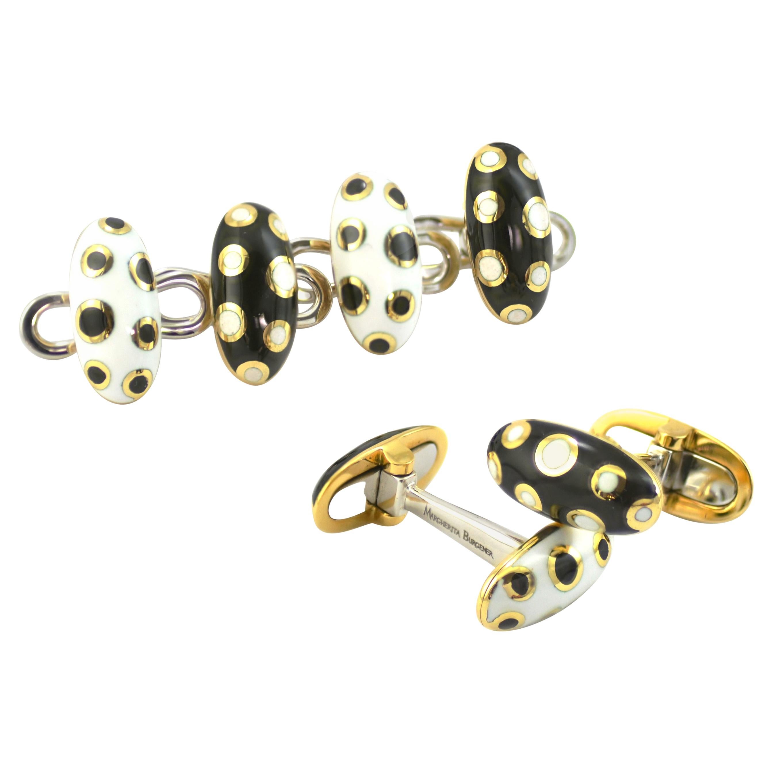 Polka Dot d Black and White Enamel 18 Kt Yellow Gold Studs and Cufflinks