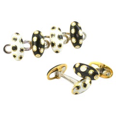 Black White Polka Dot  18 Kt Yellow Gold Enamel Studs Cufflinks Dress Set