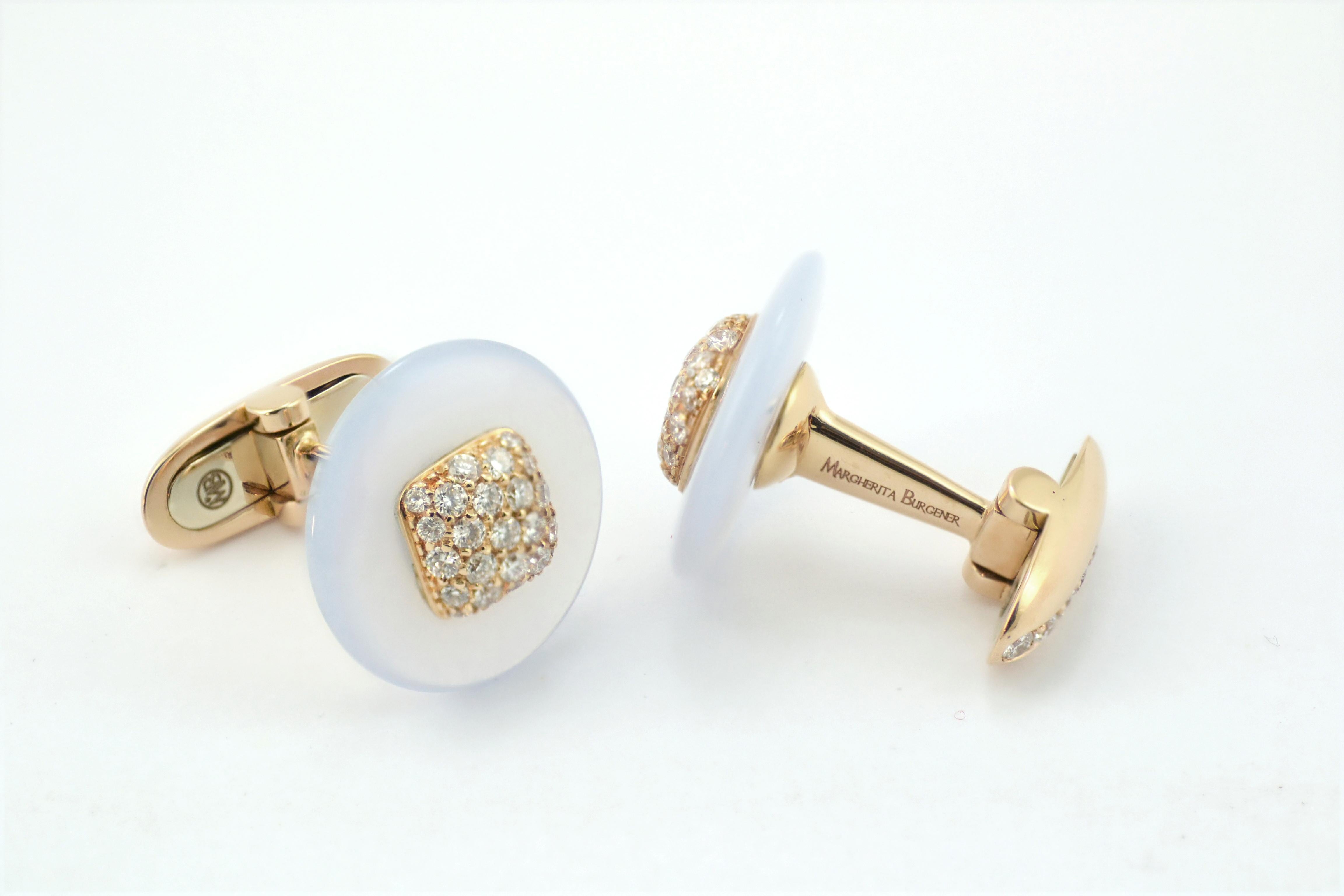 Round Cut Fabric Cuffs and  Chalcedony Diamond 18 KT Rose Gold Cufflinks  For Sale
