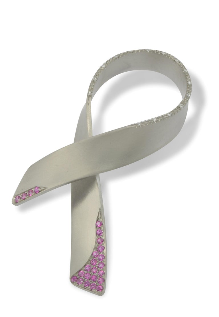 Handcrafted Titanium 18 Karat Gold Pink Sapphire Ribbon Brooch For Sale ...