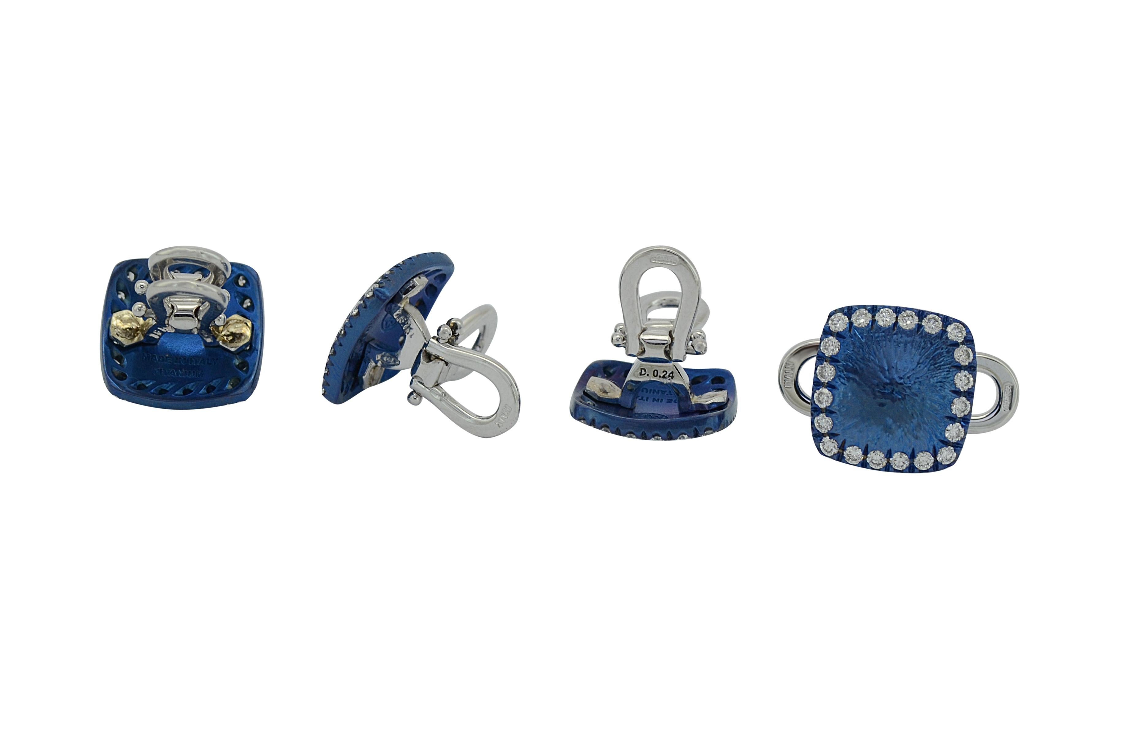 Women's or Men's Margherita Burgener Handcrafted Blue Titanium Diamond Gold Set of 4 Studs