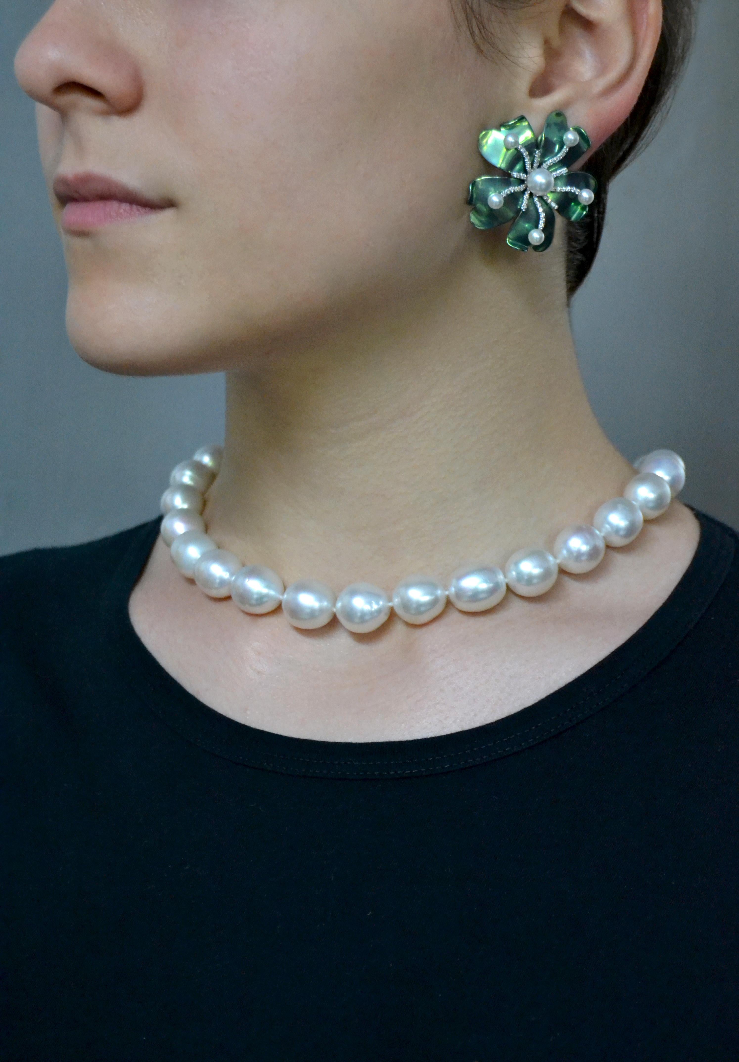Contemporary  Titanium Diamond Pearls White Gold Happy Flower Earrings 