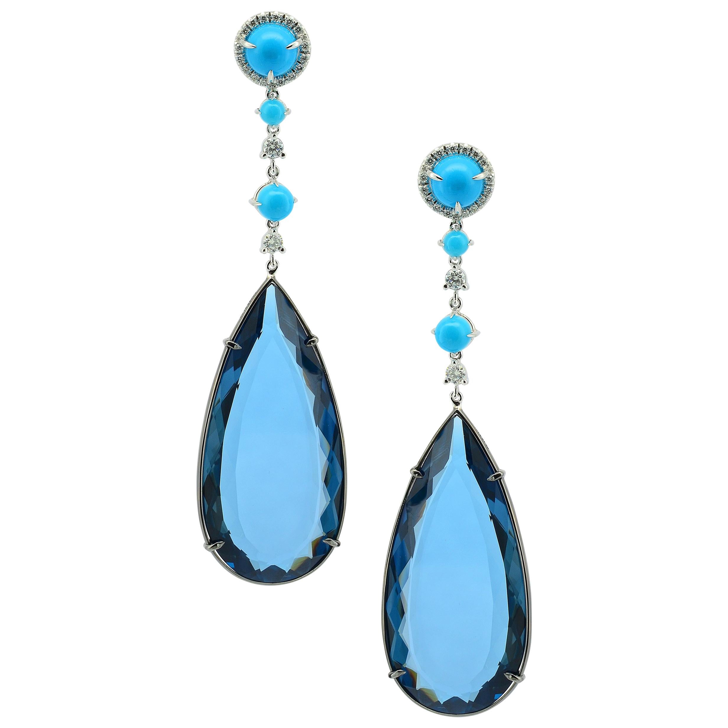 Contemporary Turquoise Diamond Blue Topaz 18 Karat Gold Earrings For Sale