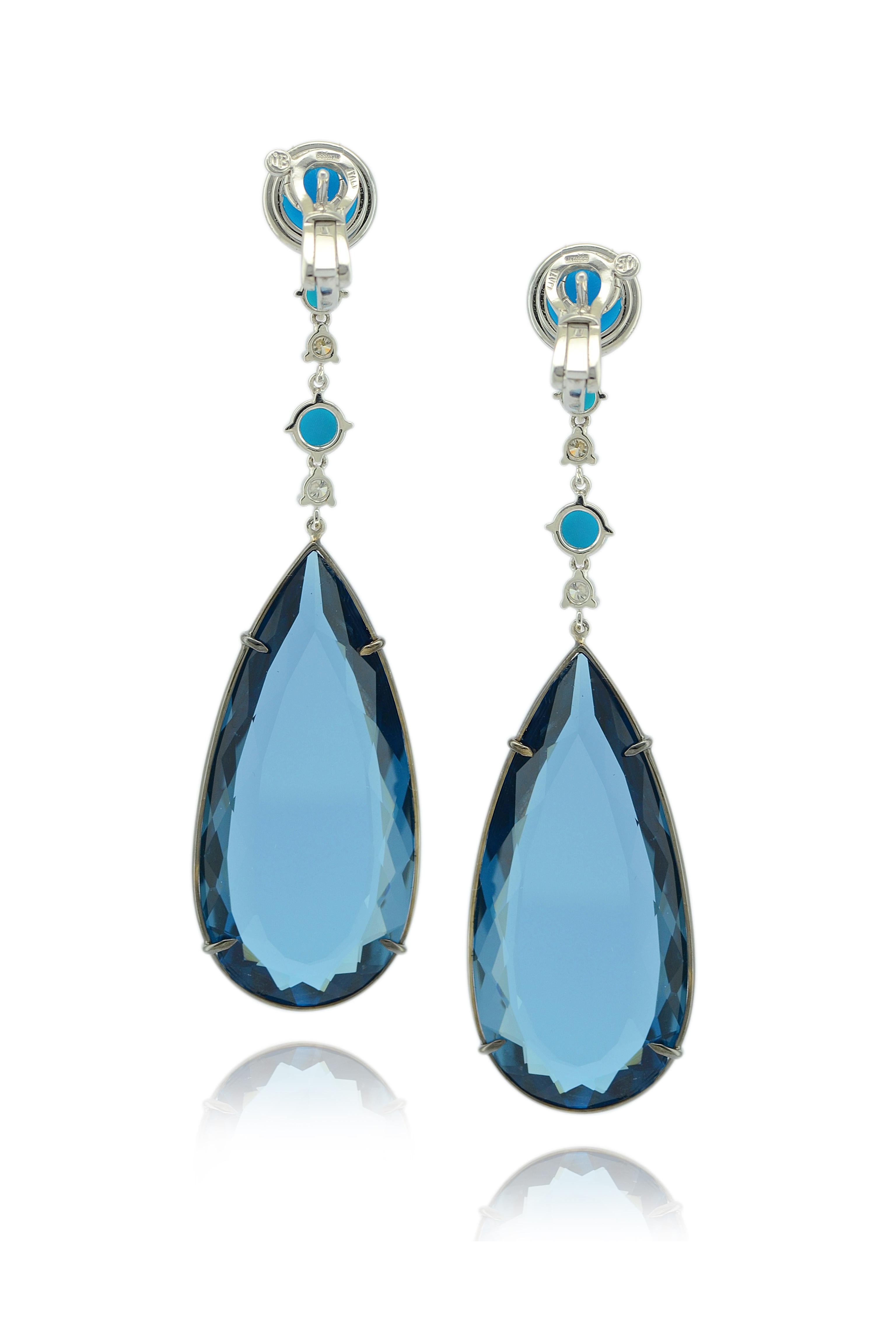 Round Cut Turquoise Diamond Blue Topaz 18 Karat Gold Earrings For Sale