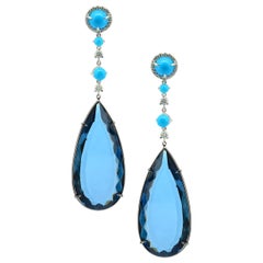 Boucles d'oreilles or 18 carats turquoise diamant topaze bleue