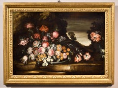 Antique Still Life Flowers 18th Century Italian Caffi Paint oil on canvas Old master Art