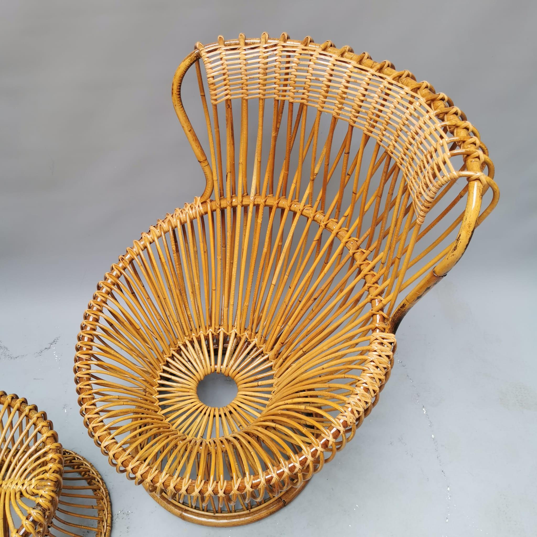 Rattan Margherita Chair with pouf, Franco Albini, Bonacina