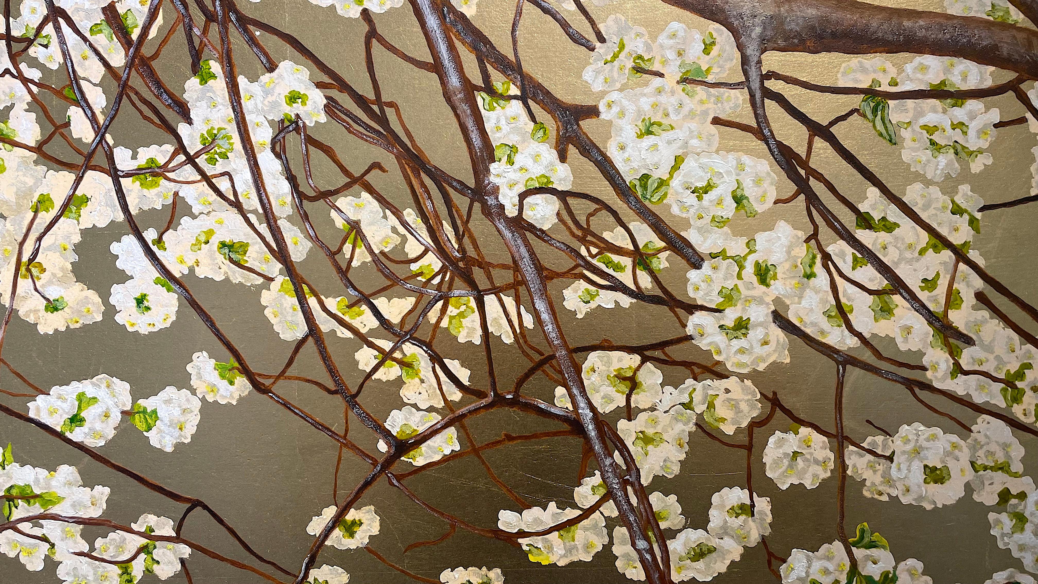 Cherry blossom branch with spring-white petals by italian botanical artist - Naturalistic Painting by Margherita Leoni