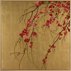 Drooping branch of scarlet-flowered cydonia on a golden background