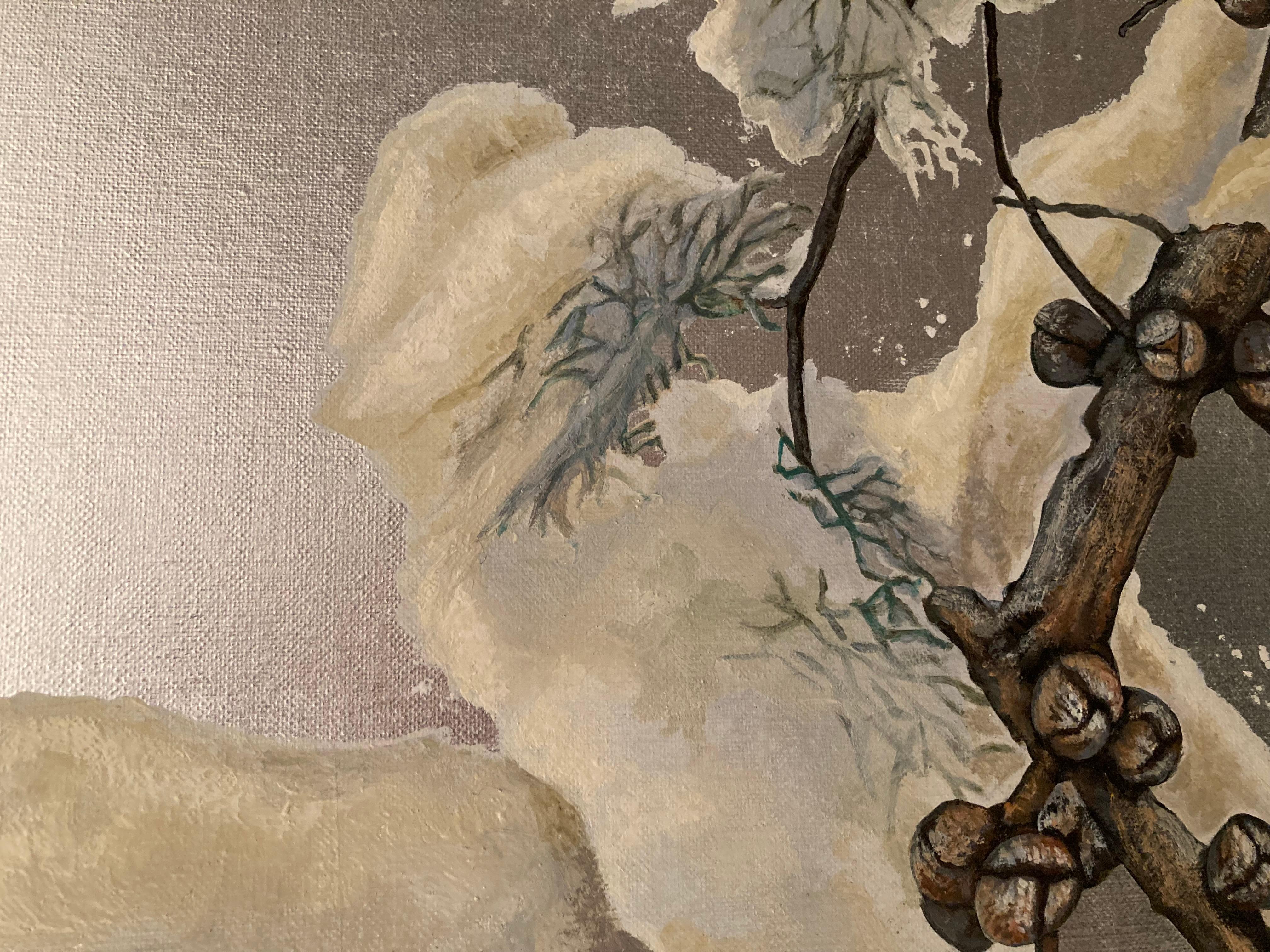 Snowy tree; oil on silver ground canvas. By prominent Italian botanical artist - Realist Painting by Margherita Leoni