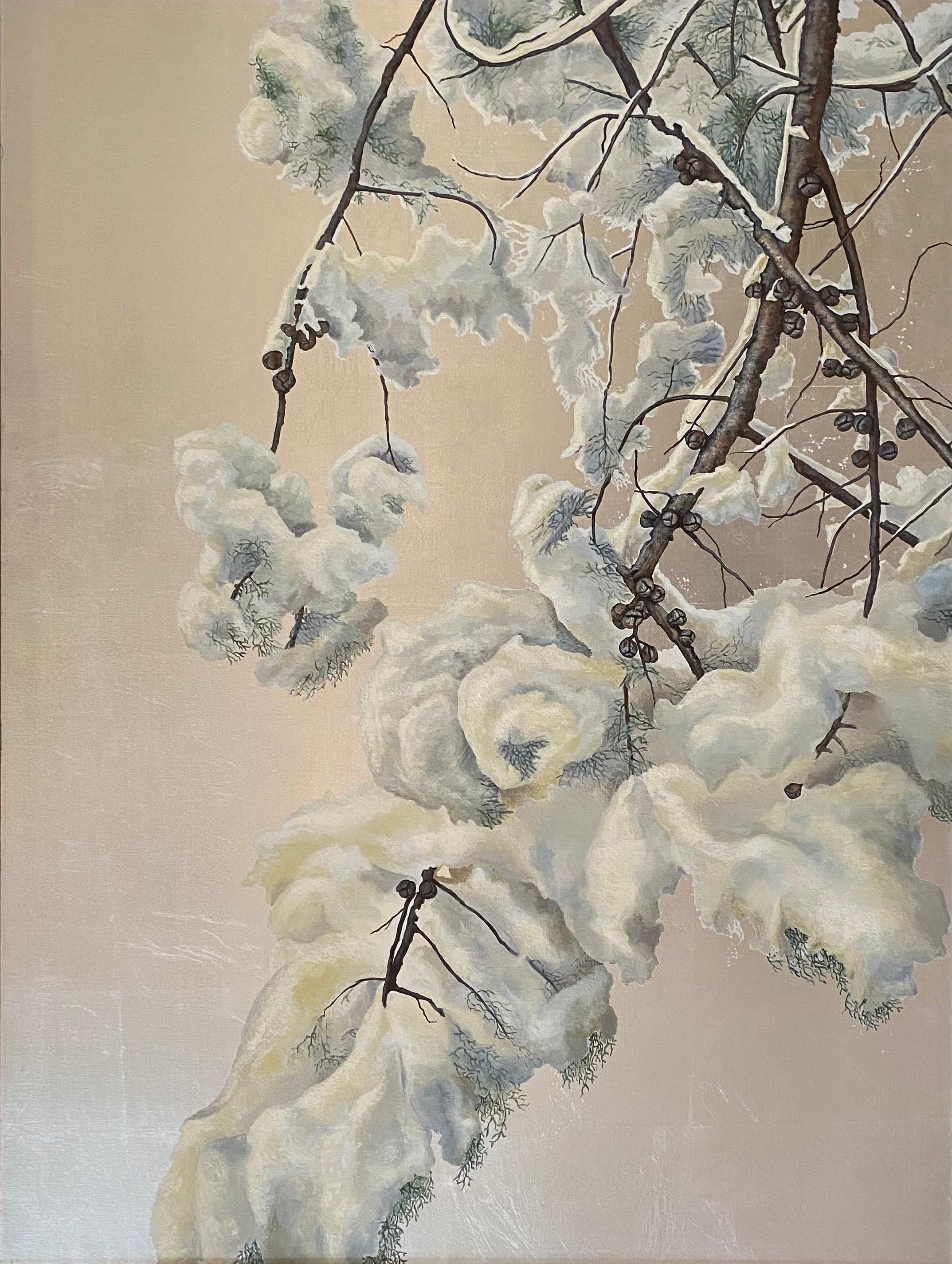 Margherita Leoni Figurative Painting - Snowy tree; oil on silver ground canvas. By prominent Italian botanical artist