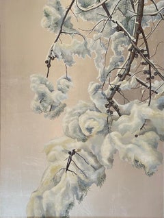 Elegant snowy tree tempera on silver leaf background by fine italian painter