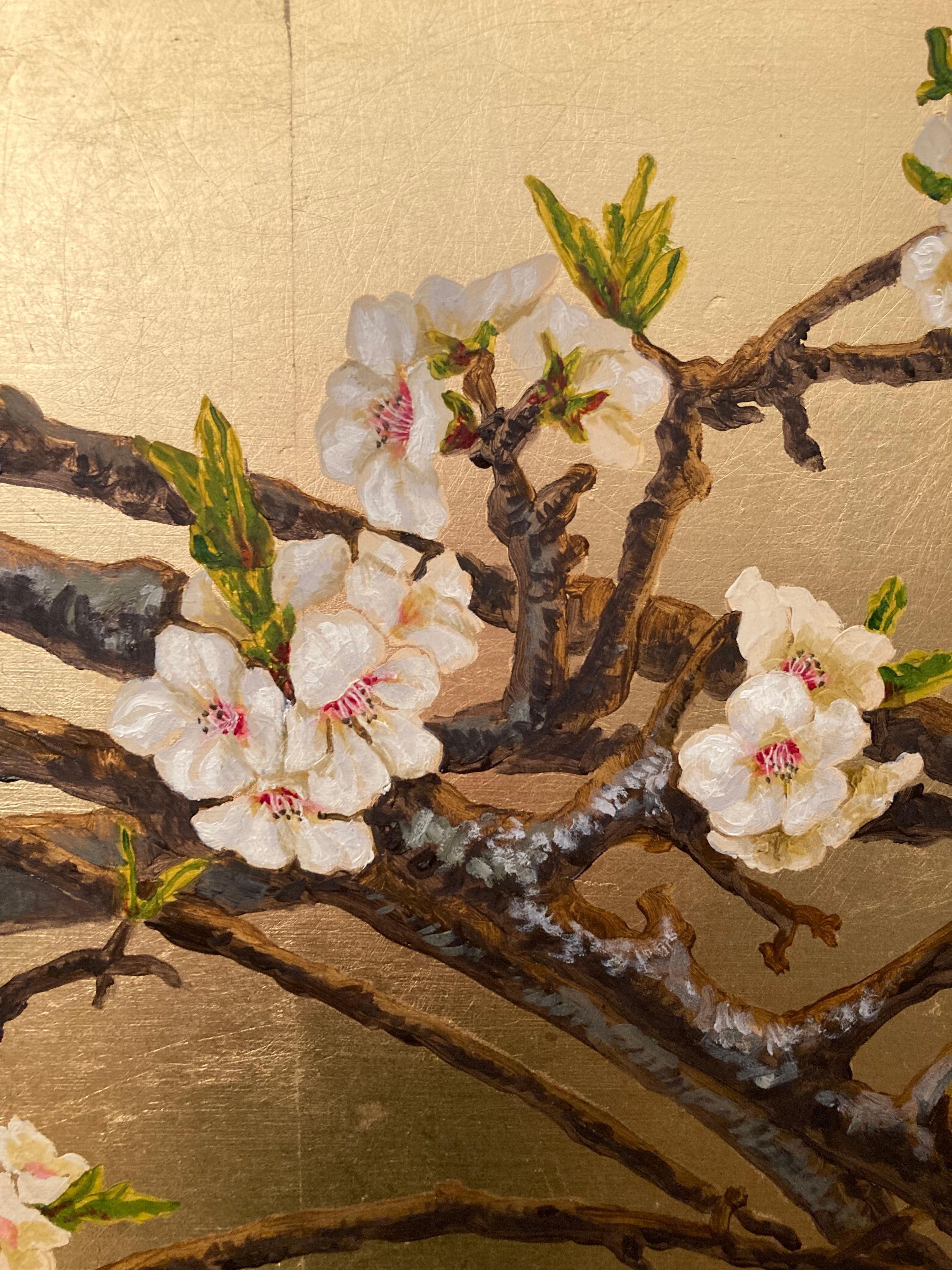 Fine almond tree over gold leaf background by master italian watercolorist - Contemporary Painting by Margherita Leoni
