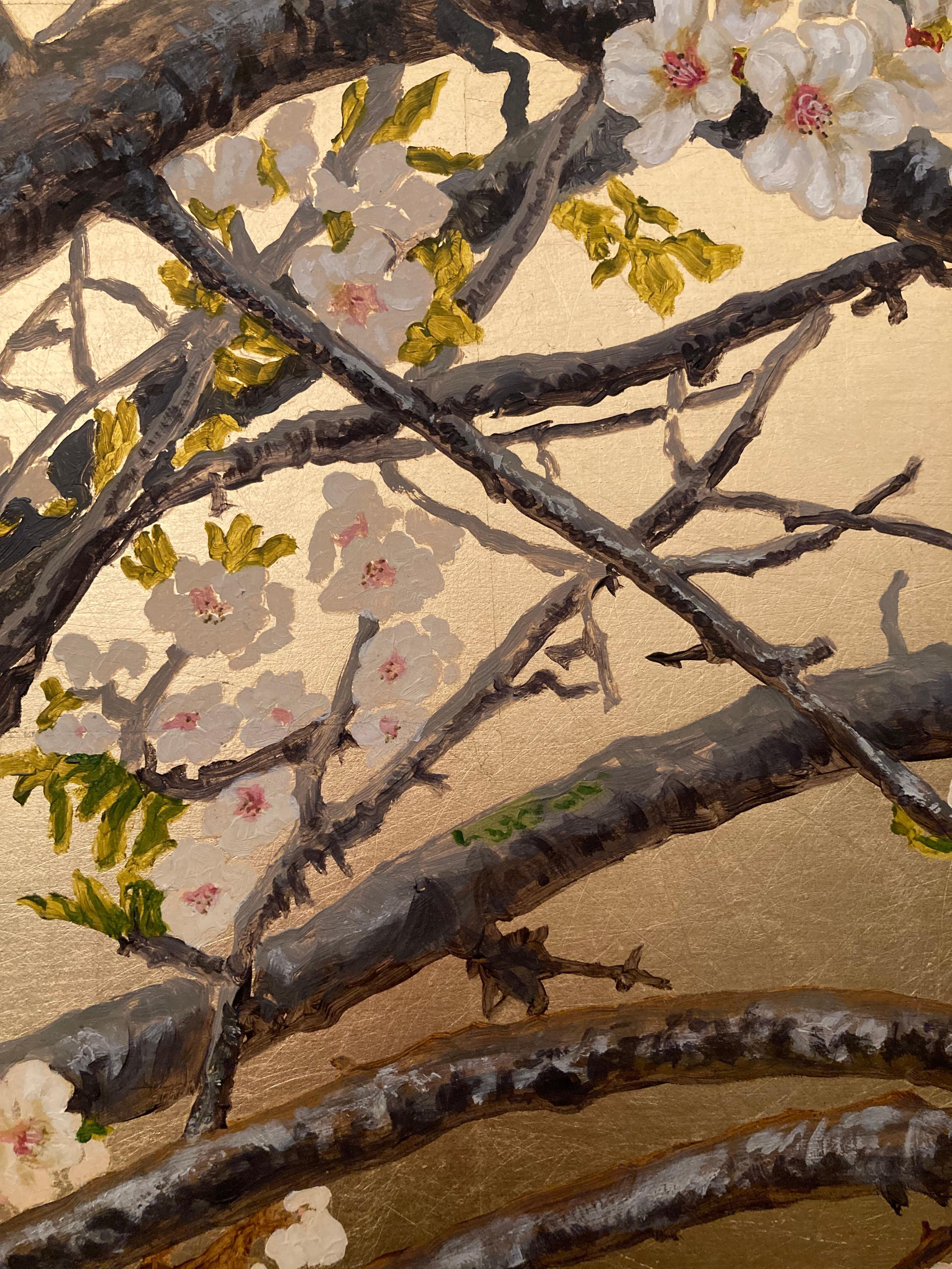Fine almond tree over gold leaf background by master italian watercolorist 1