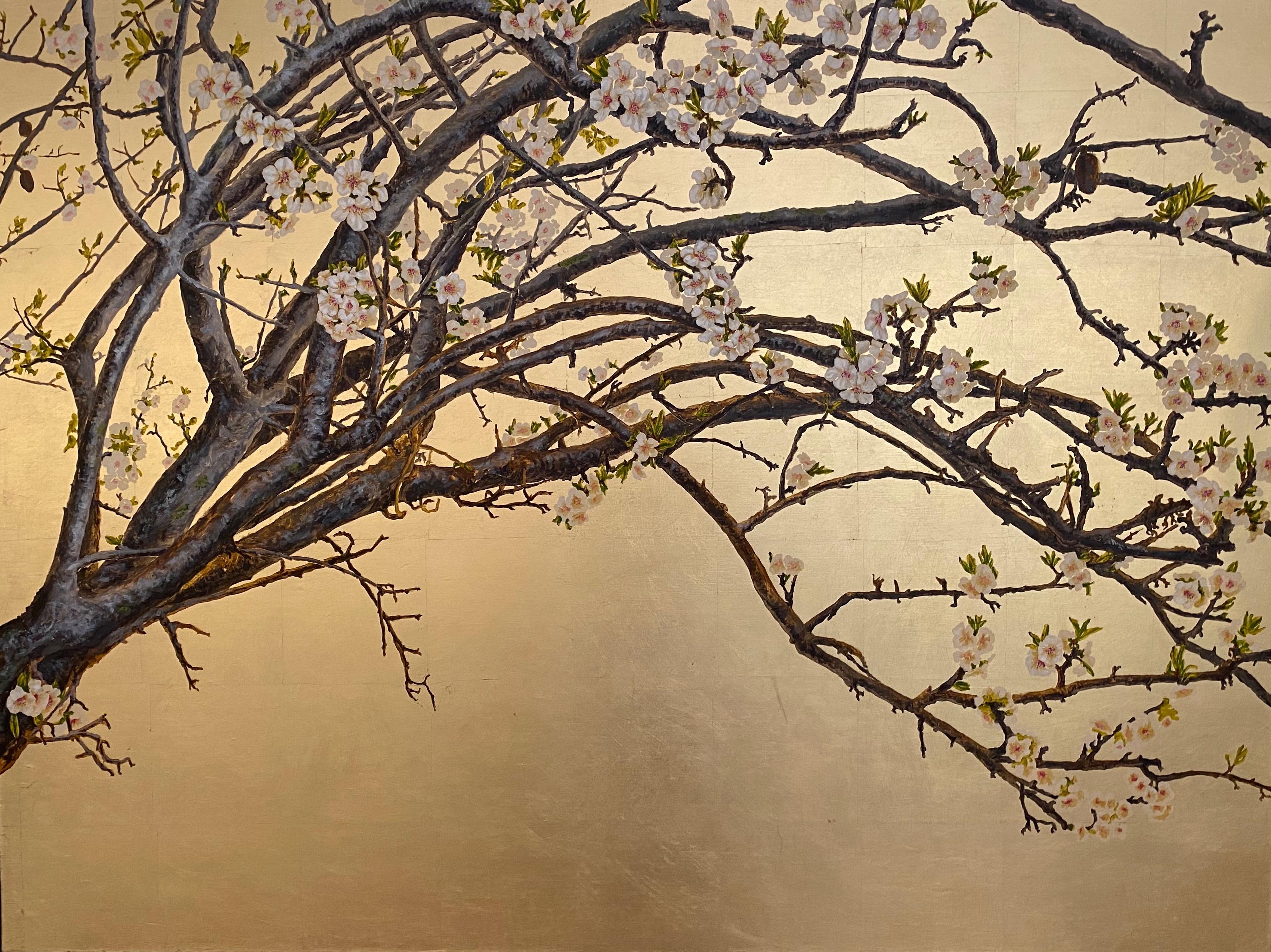 Margherita Leoni Figurative Painting - Fine almond tree over gold leaf background by master italian watercolorist