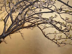 Fine almond tree over gold leaf background by master italian watercolorist