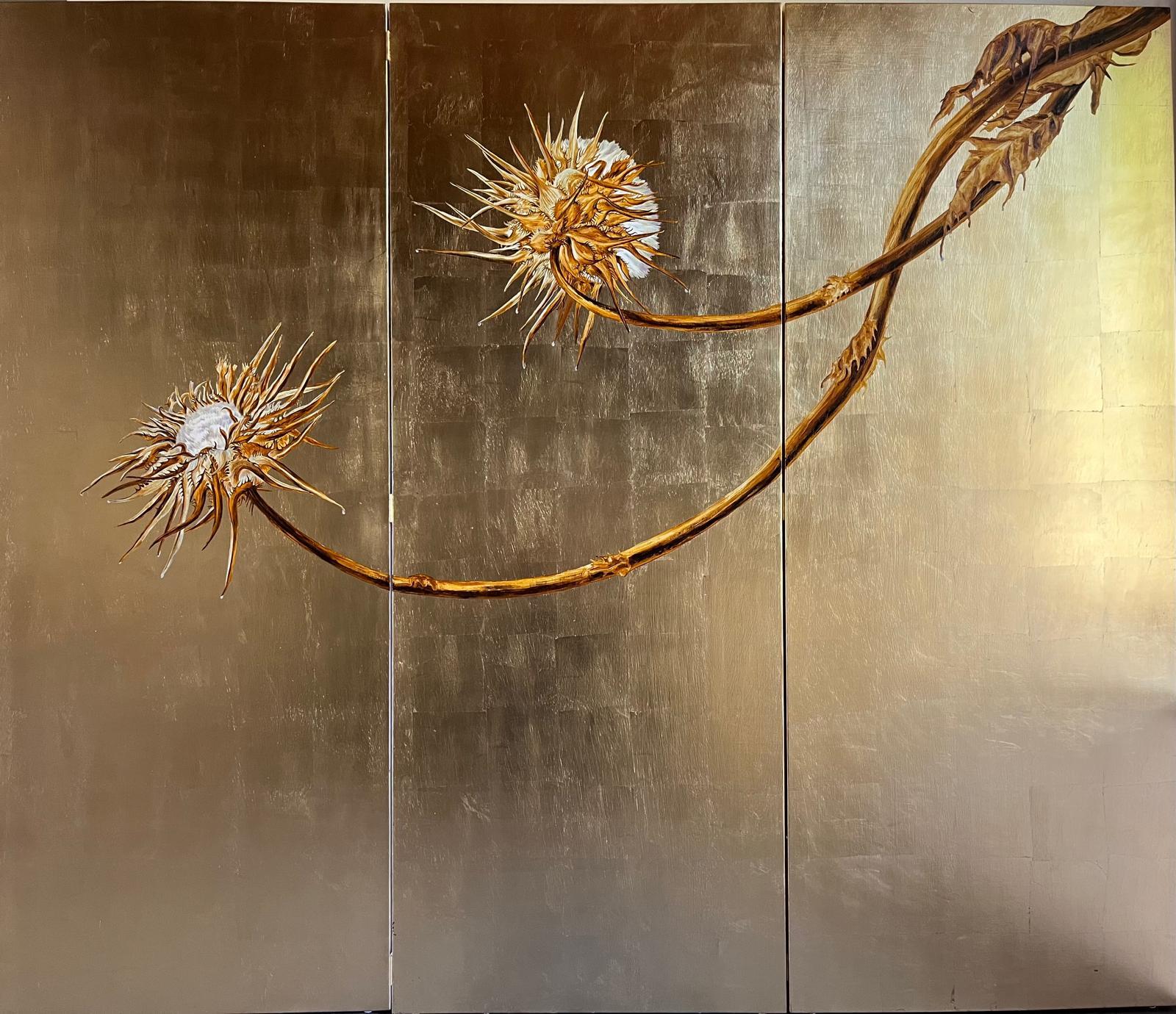 Gold thistle screen oil painted - self-supporting exclusive piece of furniture For Sale 2