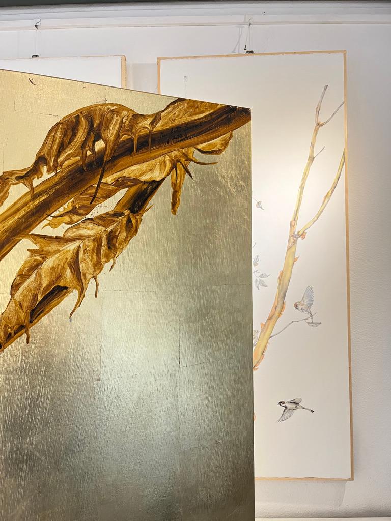 Biombo de cardo dorado pintado al óleo - mueble exclusivo autoportante en venta 4