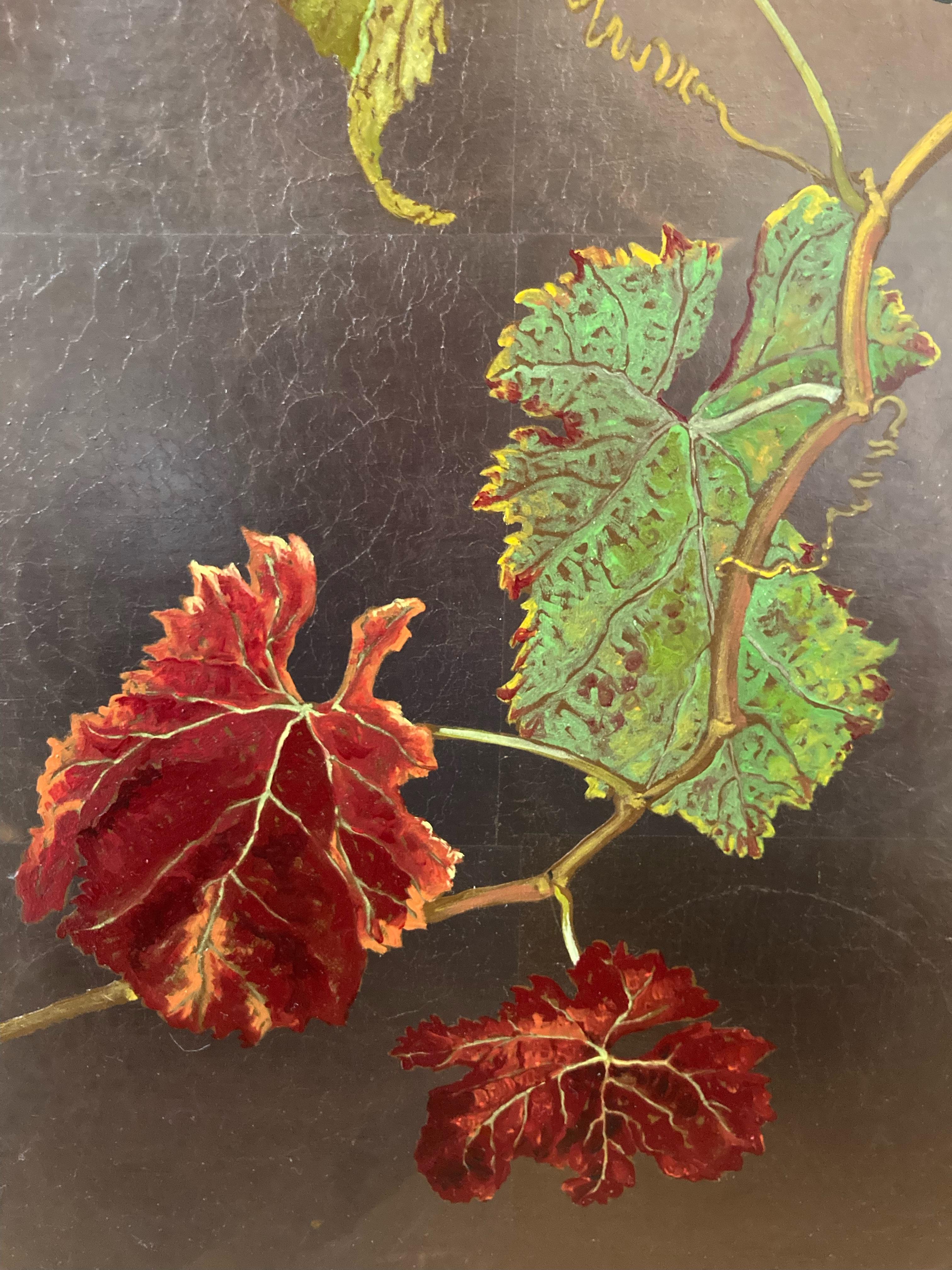 Grapevine on bronze ground botanical oil painting by master italian painter - Painting by Margherita Leoni