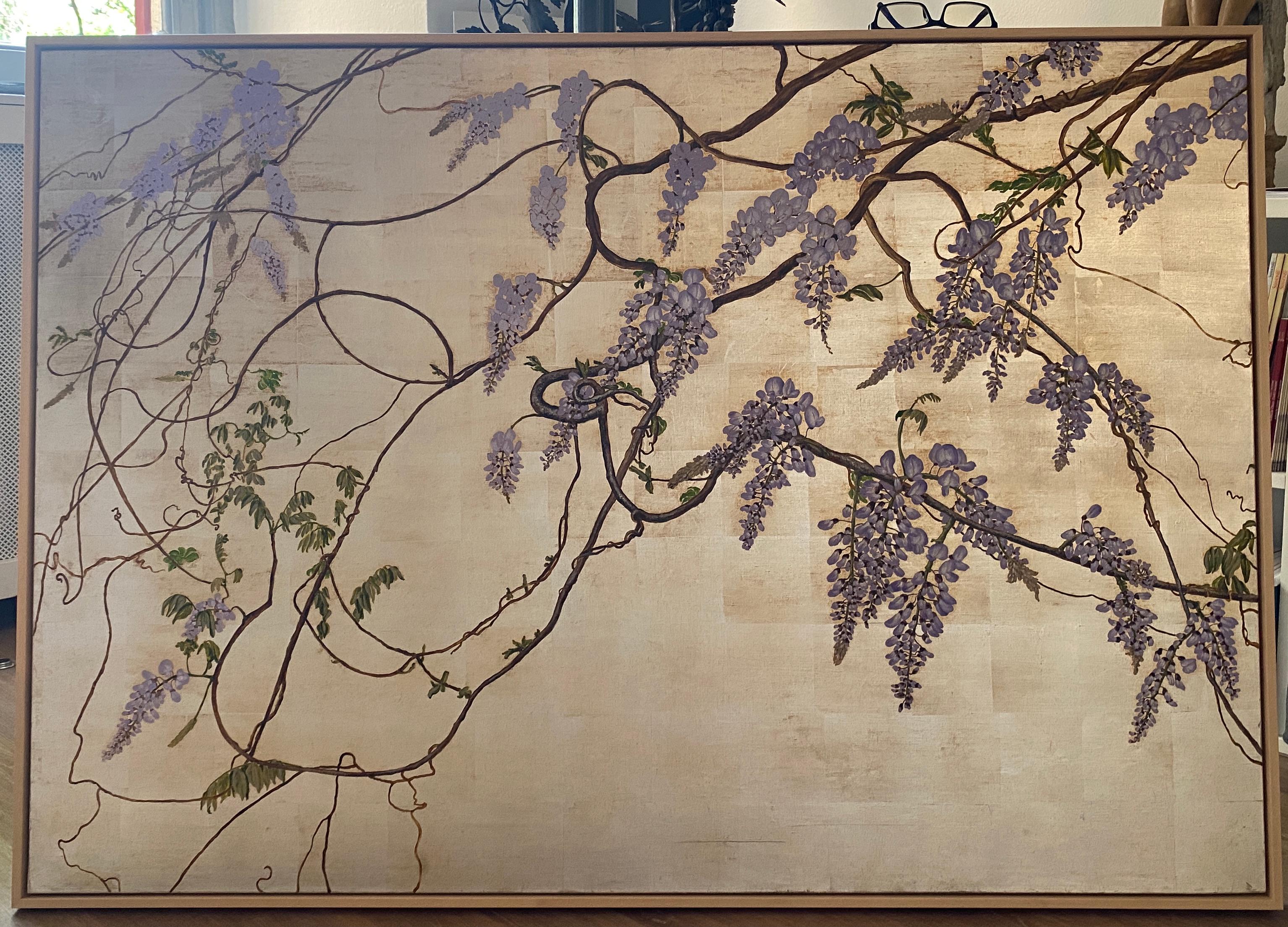 Lilac wisteria on silver ground, oil on canvas botanical art, by Italian style. - Painting by Margherita Leoni