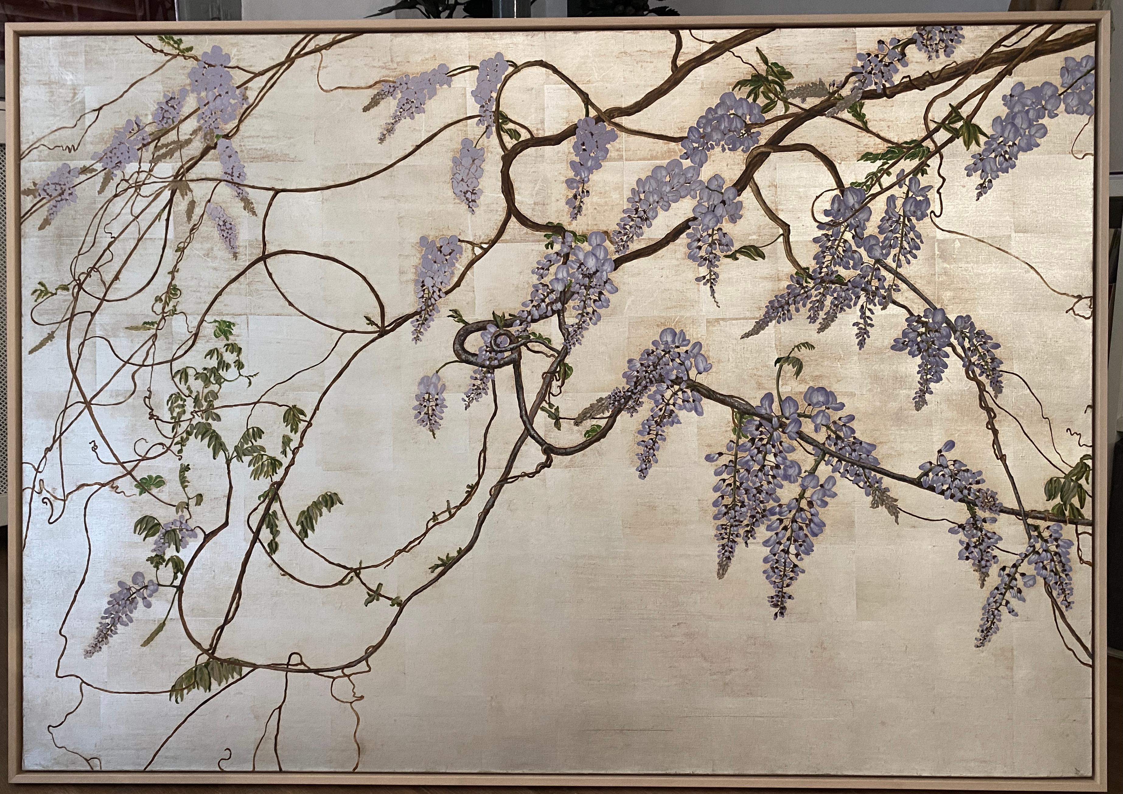Margherita Leoni Still-Life Painting - Lilac wisteria on silver ground, oil on canvas botanical art, by Italian style.