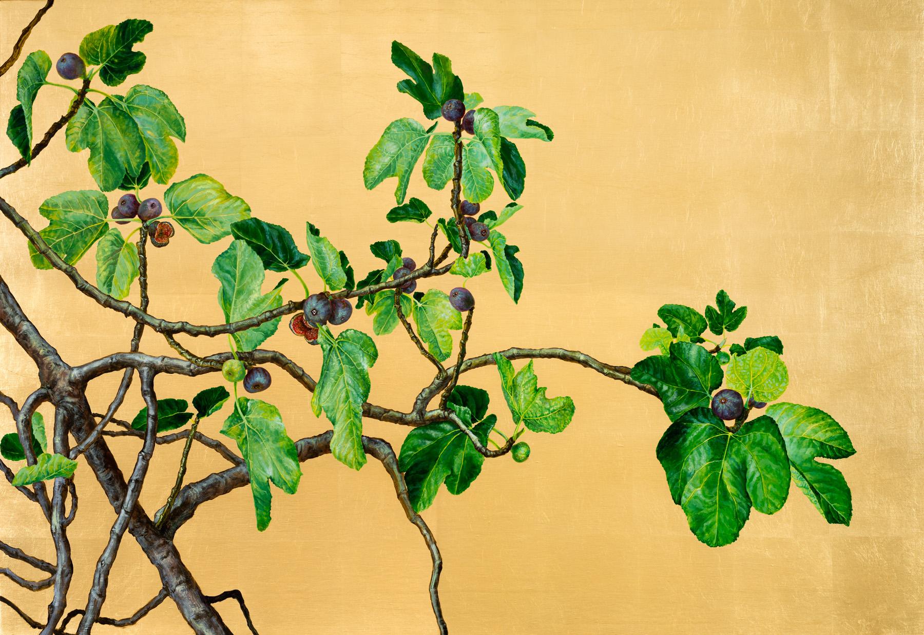 Margherita Leoni Figurative Painting - Lovely fig branch with juicy fruit on a golden background by botanical artist