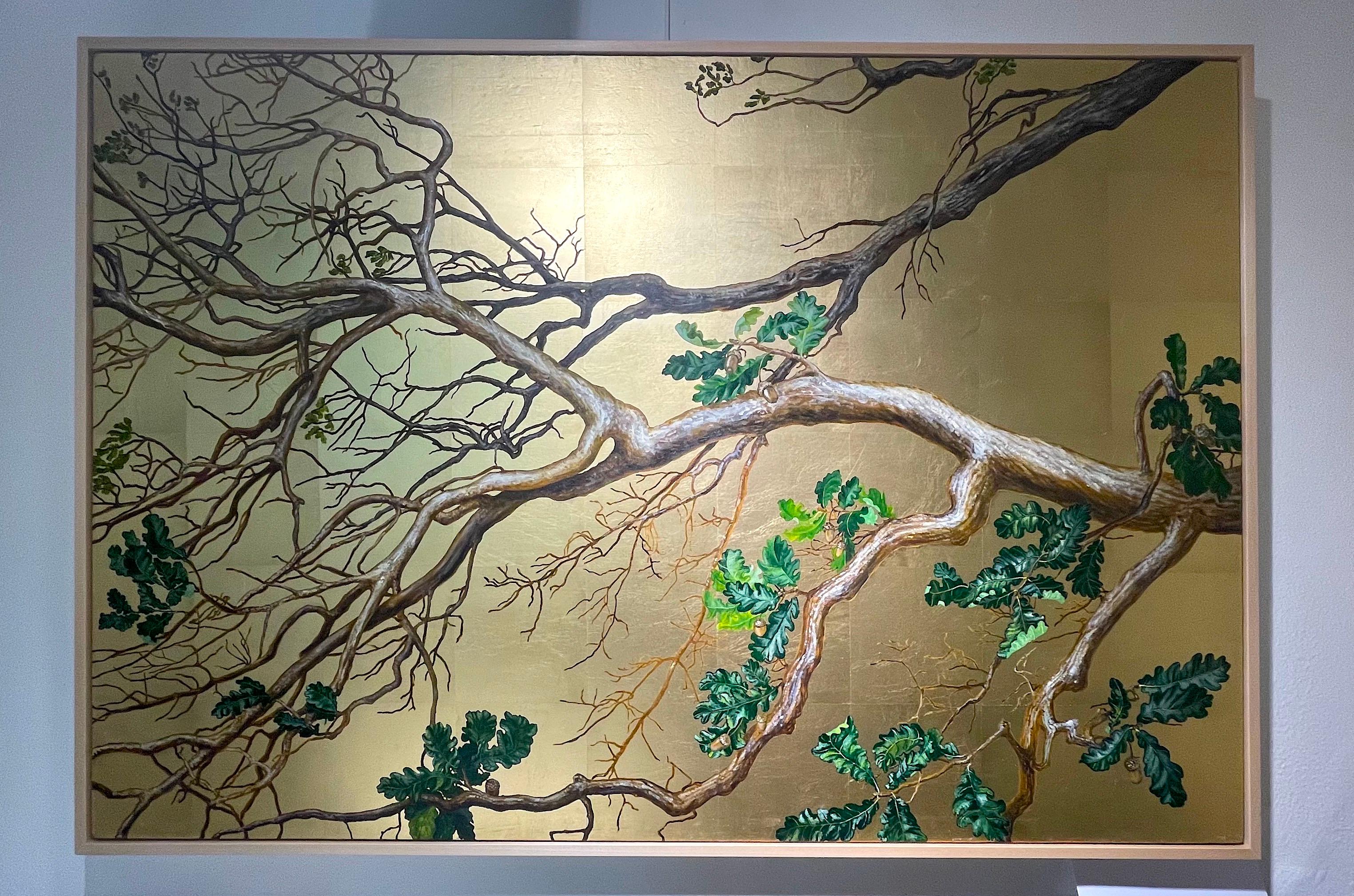 Mighty oak on a gold-leaf background by  Italian botanical artist - Painting by Margherita Leoni