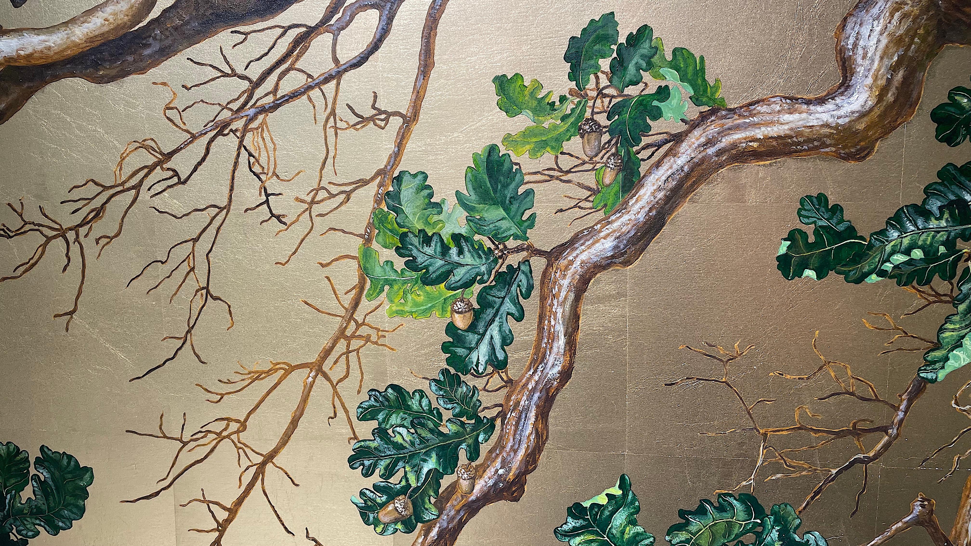 Mighty oak on a gold-leaf background by  Italian botanical artist - Naturalistic Painting by Margherita Leoni