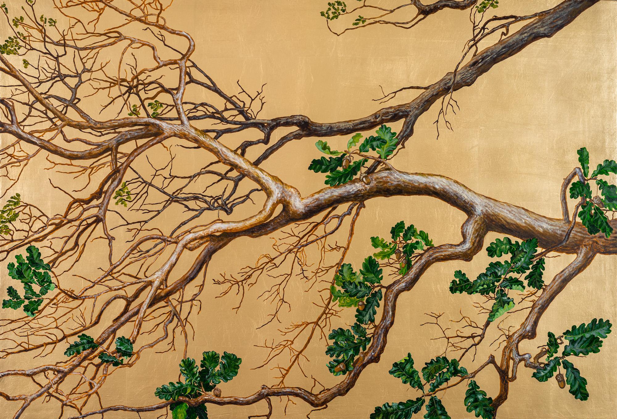 Margherita Leoni Still-Life Painting - Mighty oak on a gold-leaf background by  Italian botanical artist