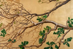 Chêne puissant sur fond de feuilles d'or par  L'artiste botanique italien