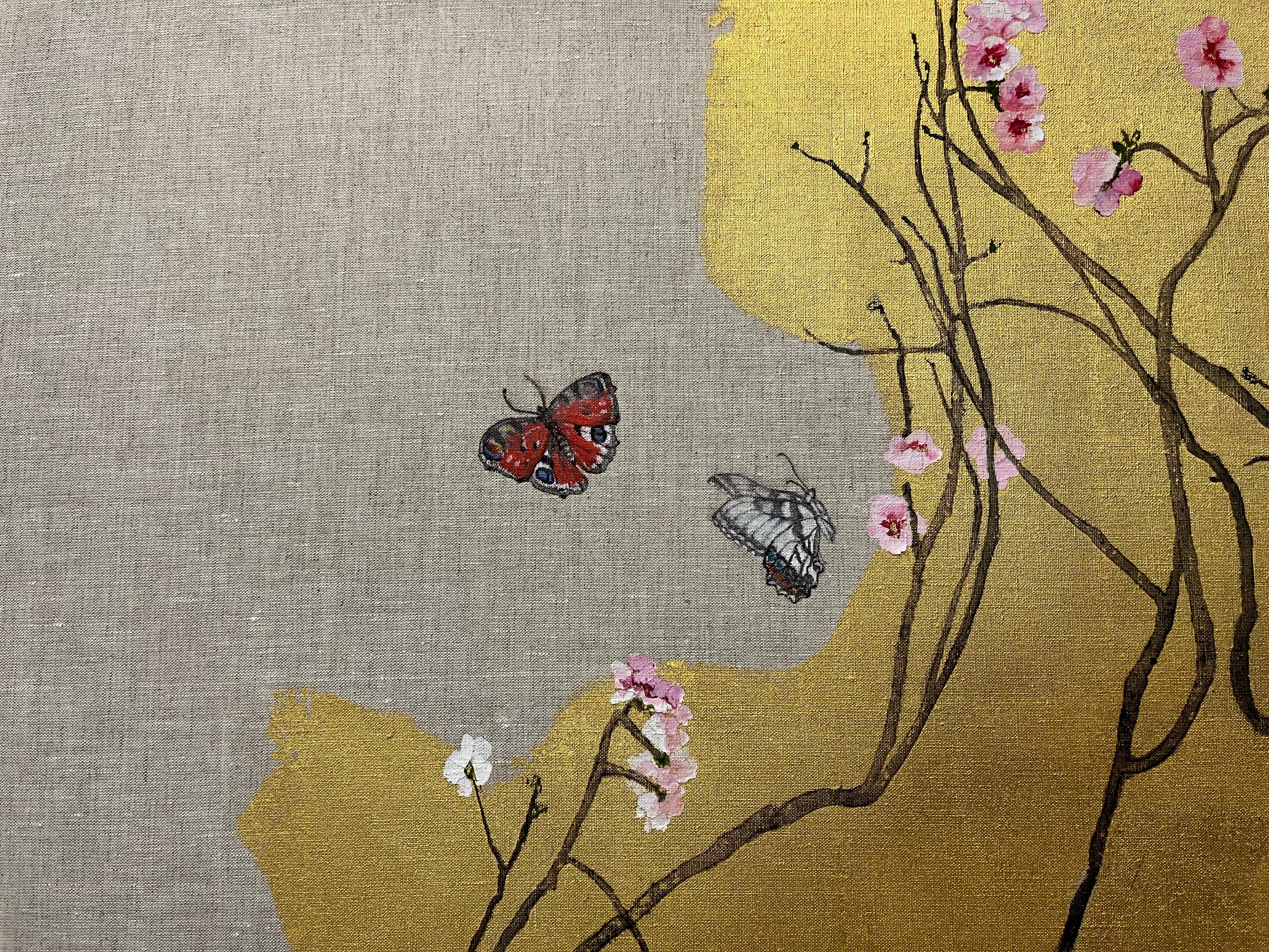 Peach blossom, pink and butterflies, on old foreground painting. Innovative - Painting by Margherita Leoni