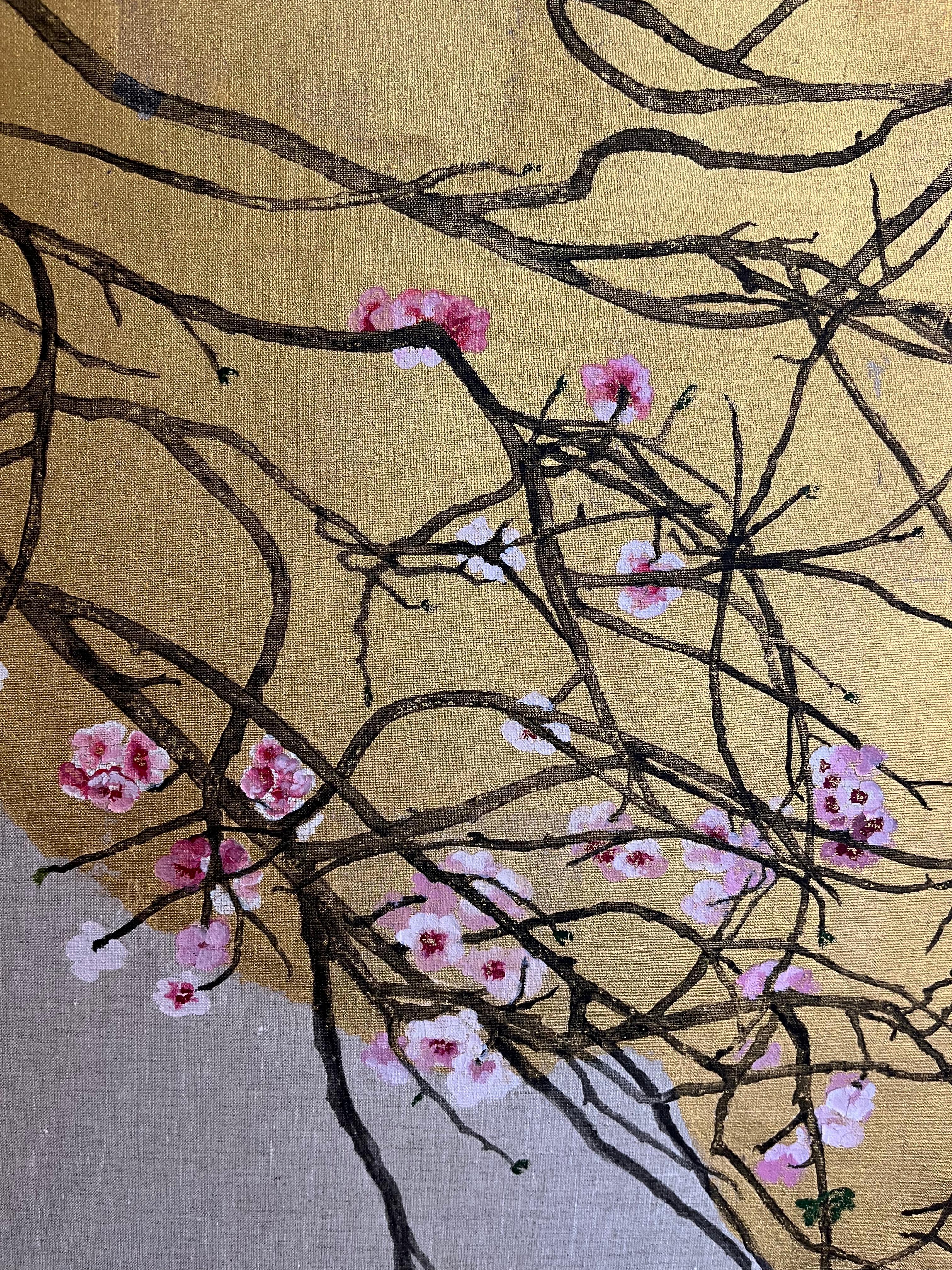 Peach blossom, pink and butterflies, on gold foreground painting. Innovative - Realist Painting by Margherita Leoni