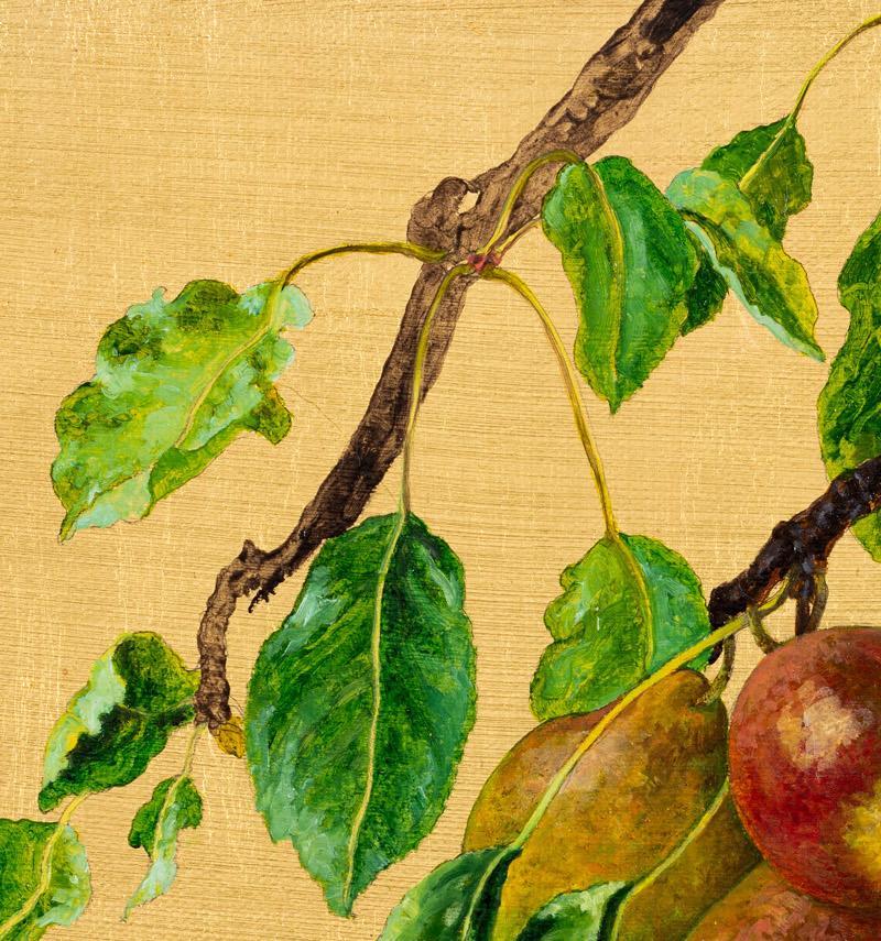 Rama de peral cargada de frutos maduros sobre fondo dorado - Painting de Margherita Leoni