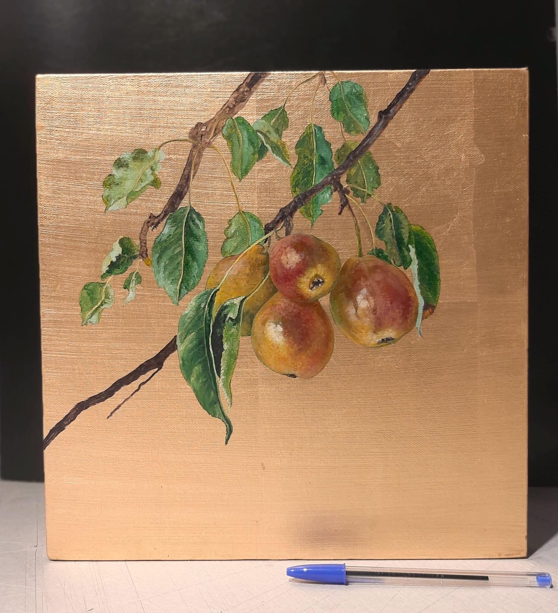 Pear branch laden with ripe fruits on a golden background - Realist Painting by Margherita Leoni