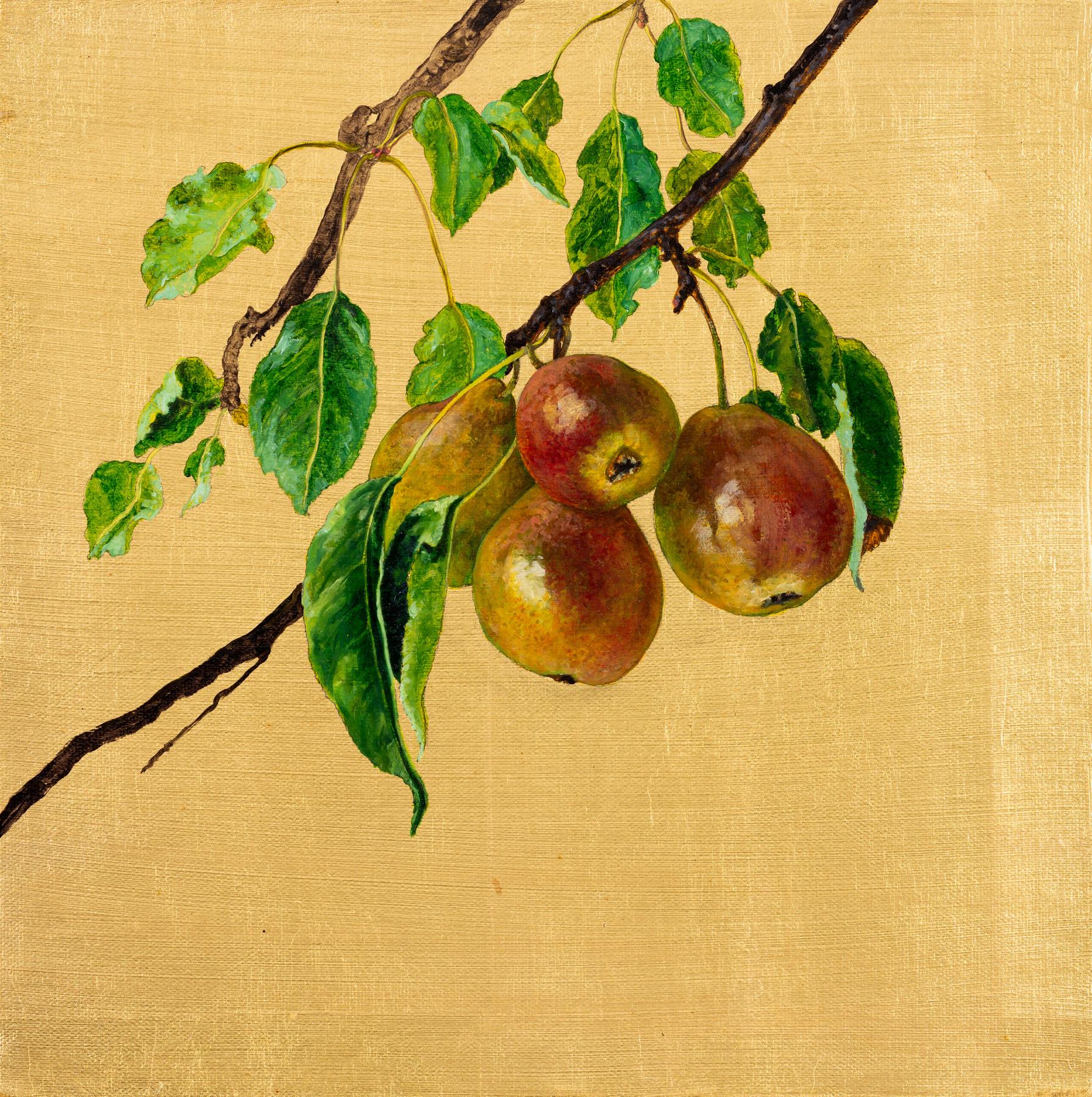 Birnenzweig mit reifen Früchten auf einem goldenen Hintergrund