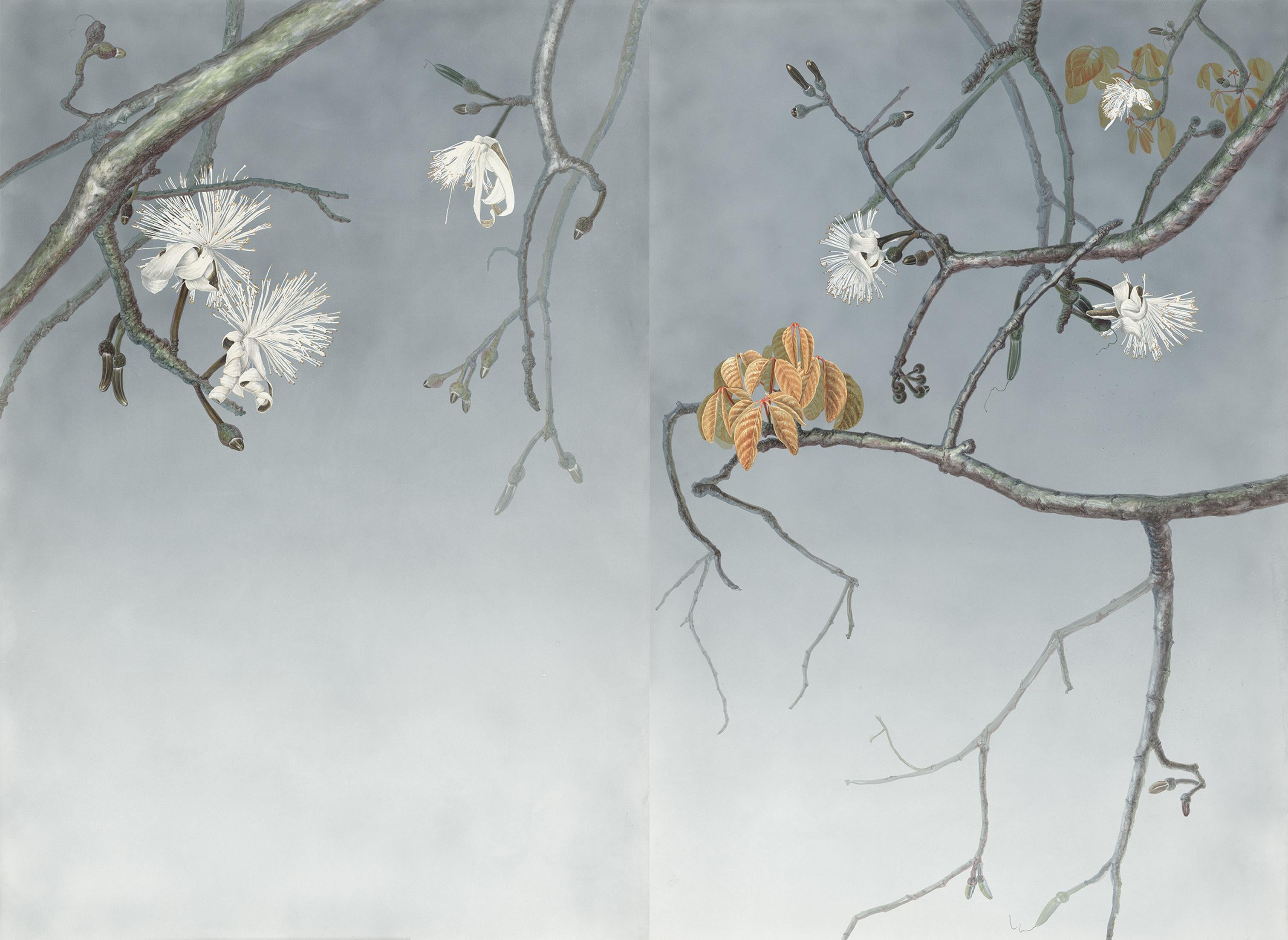 Wide watercoloured diptych, elegant light blue paintings by Margherita Leoni 1