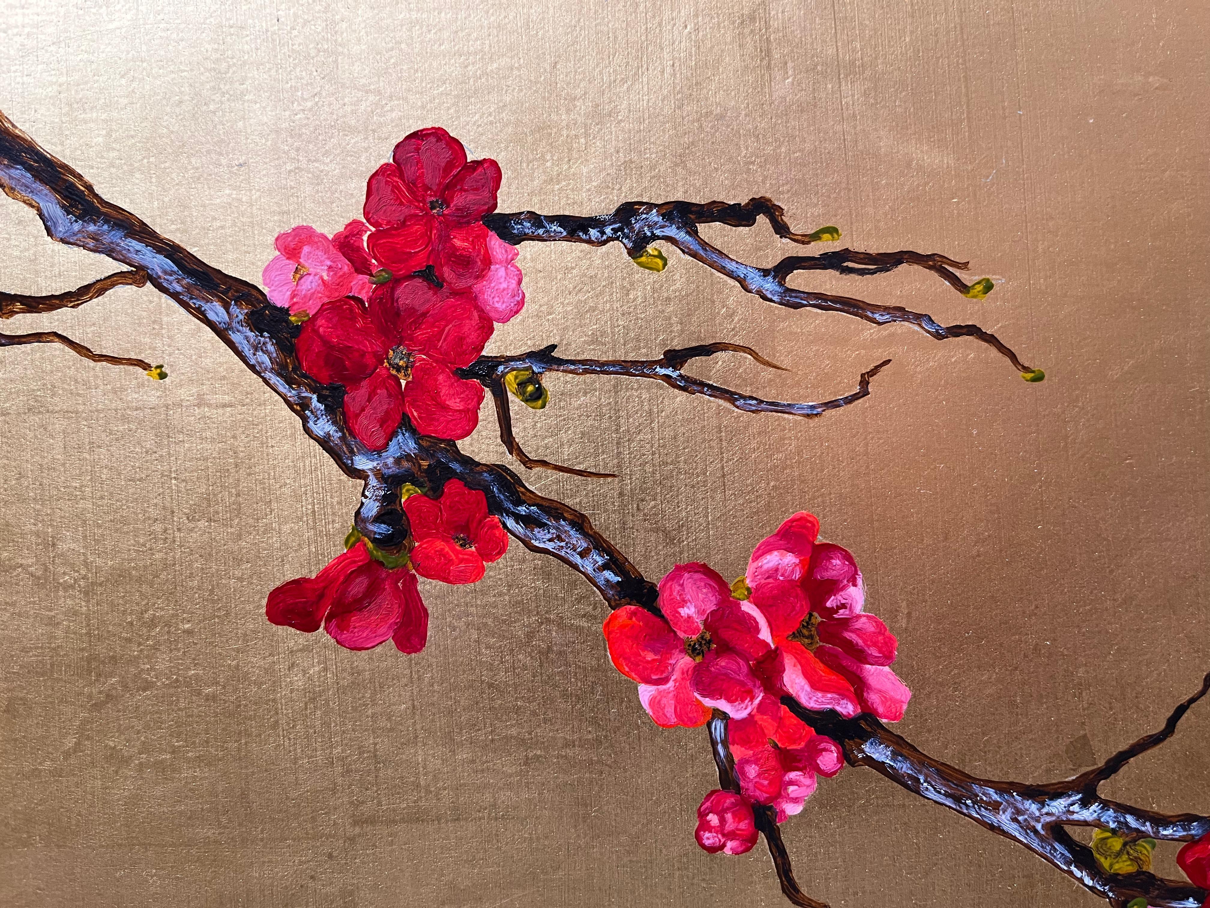 Red Cydonia in bloom surrounded by butterflies on a gold-leaf background - Painting by Margherita Leoni