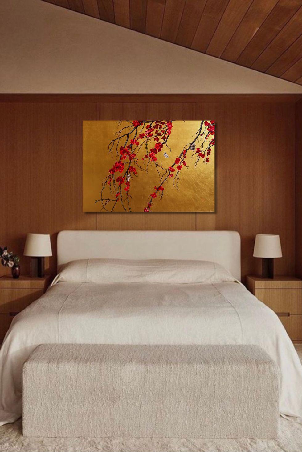 Red Cydonia in bloom surrounded by butterflies on a gold-leaf background 1