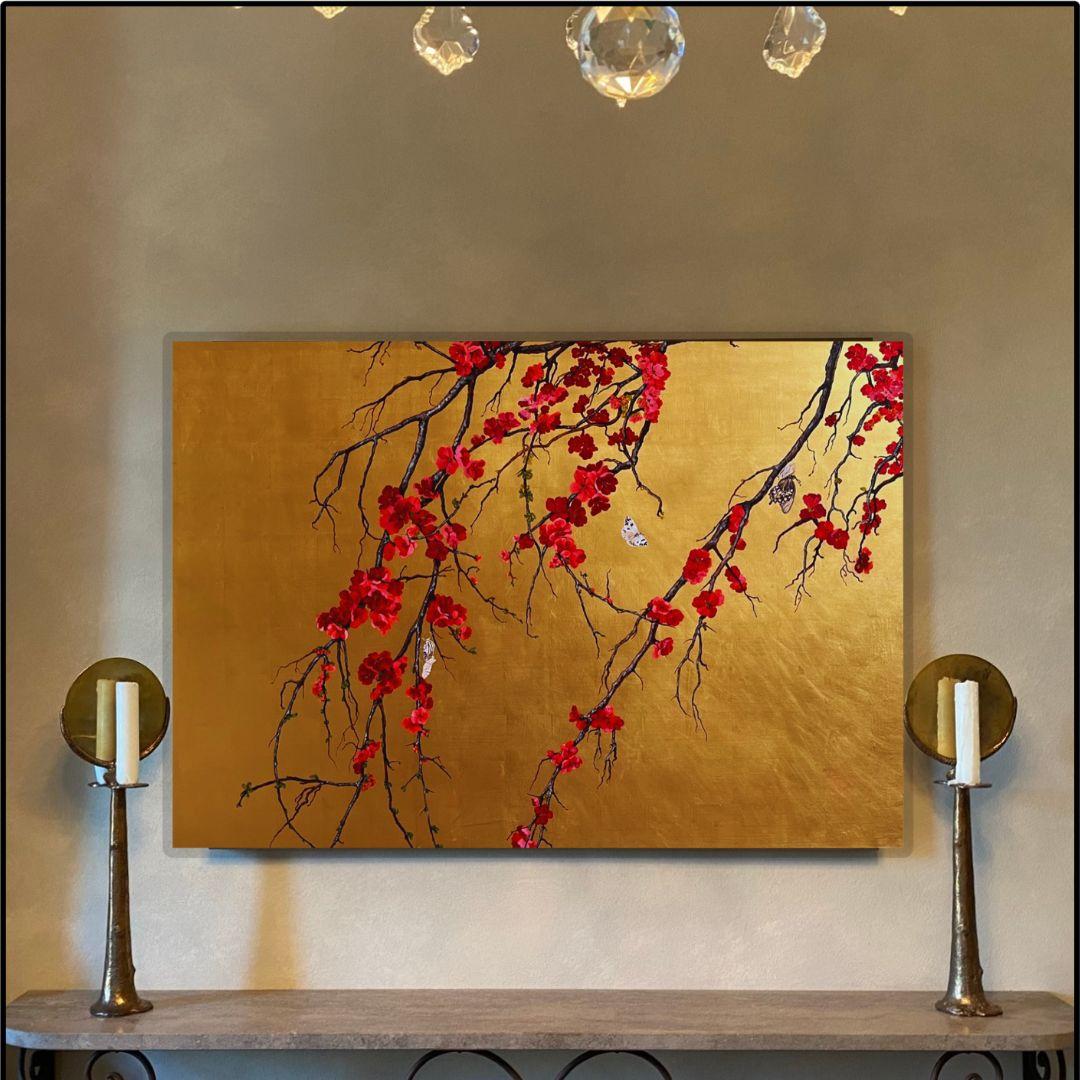 Red Cydonia in bloom surrounded by butterflies on a gold-leaf background 2