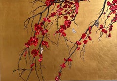 Red Cydonia in bloom surrounded by butterflies on a gold-leaf background